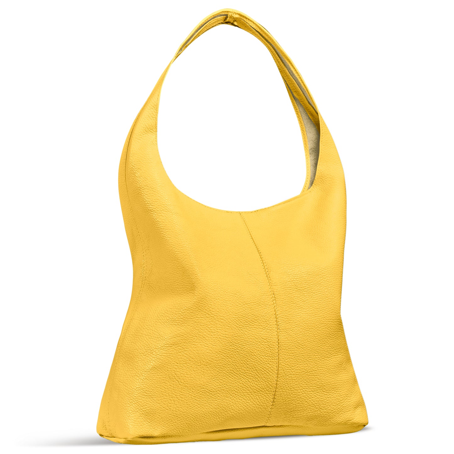 Bright yellow leather shoulder bag with a soft texture and slouchy silhouette.