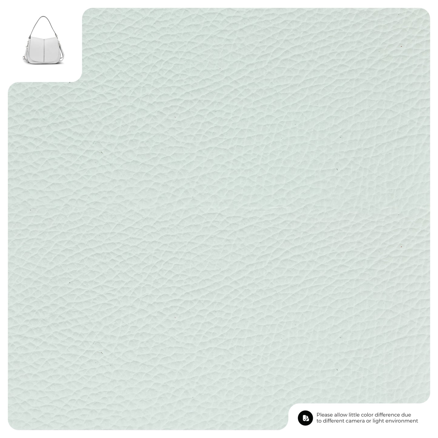 A close-up of light gray full-grain calf leather material. In the top left corner, there is a small image of a medium-sized handbag, and in the bottom right corner, there's a note about possible color differences.