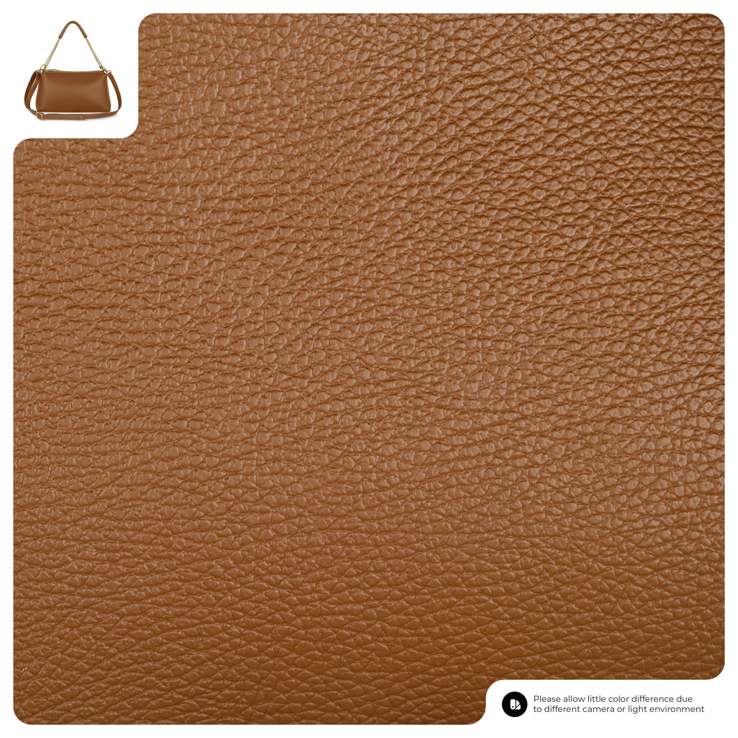 Close-up of textured brown leather with a small image of an elegant shoulder bag in the top left corner, showing the material used. A note at the bottom mentions possible color differences due to lighting or camera.