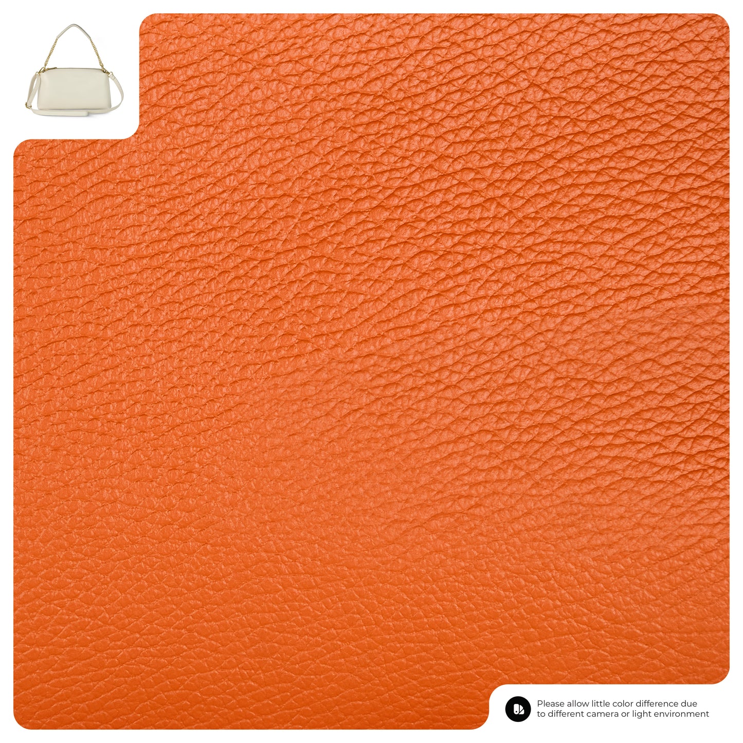 Close-up of textured orange leather material fills most of the image. In the top left corner, a small picture shows a beige Italian leather bag with a gold strap, highlighting its appeal as a luxury everyday bag.