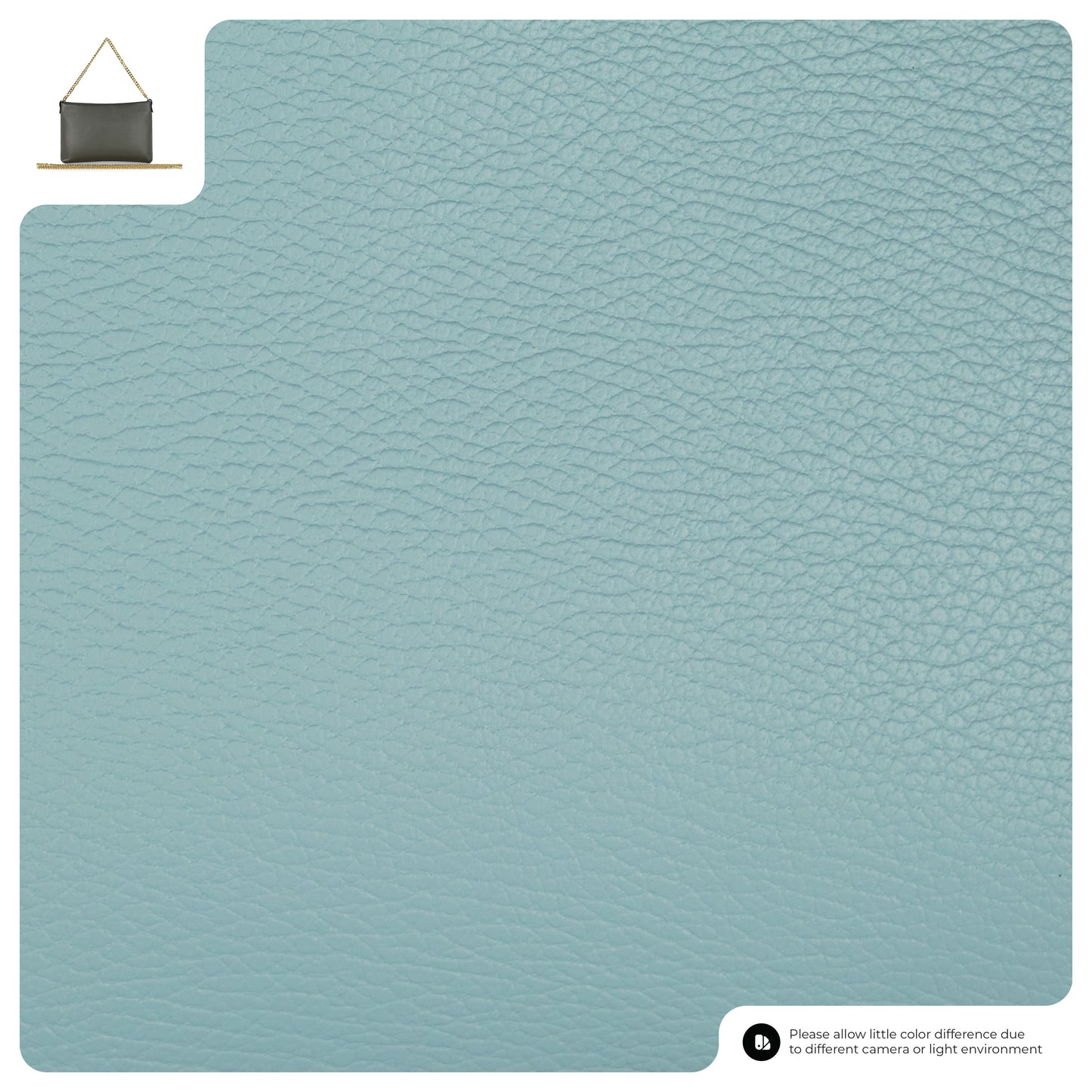 A textured swatch of light blue calf leather with a subtle grain pattern. In the corner, a small image shows a luxury designer bag in matching light blue leather.