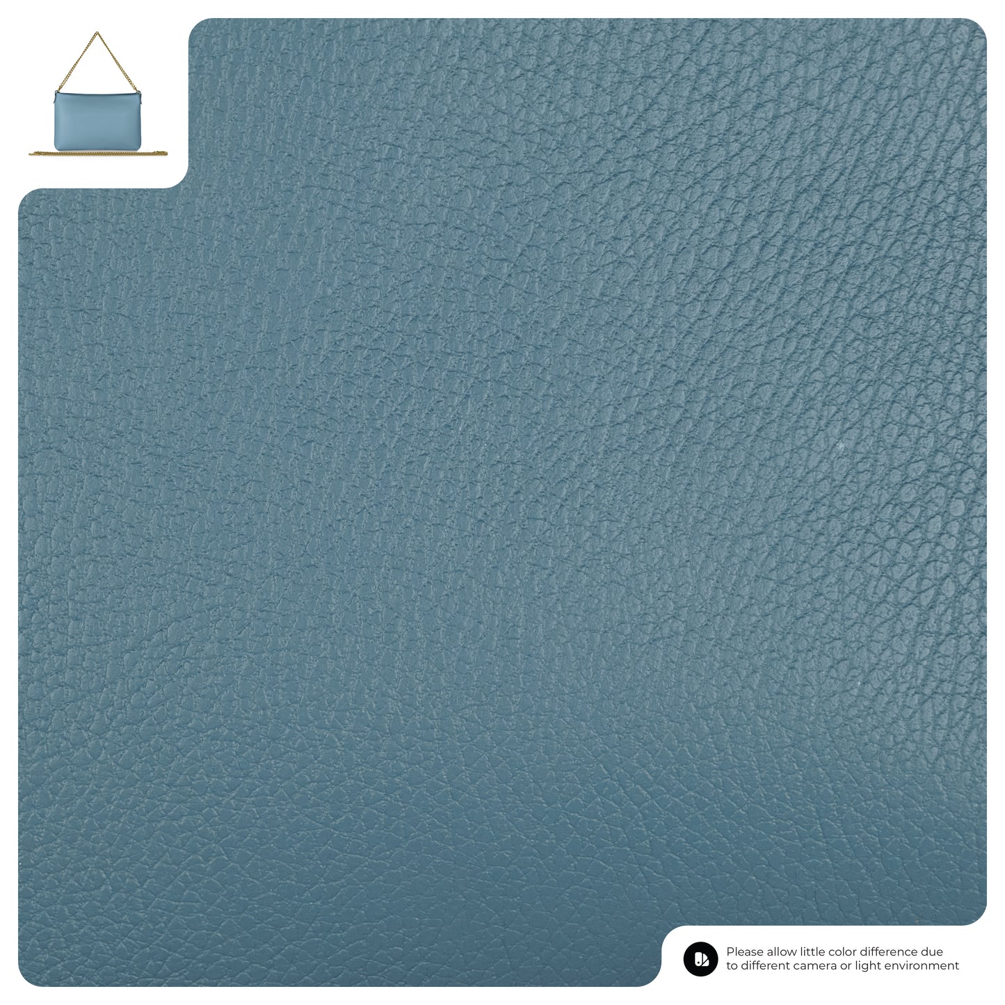 A large swatch of textured blue leather evokes the style of a handcrafted handbag, with a small blue hanging planter in the top left corner. A note at the bottom cautions about slight color differences due to camera or lighting.