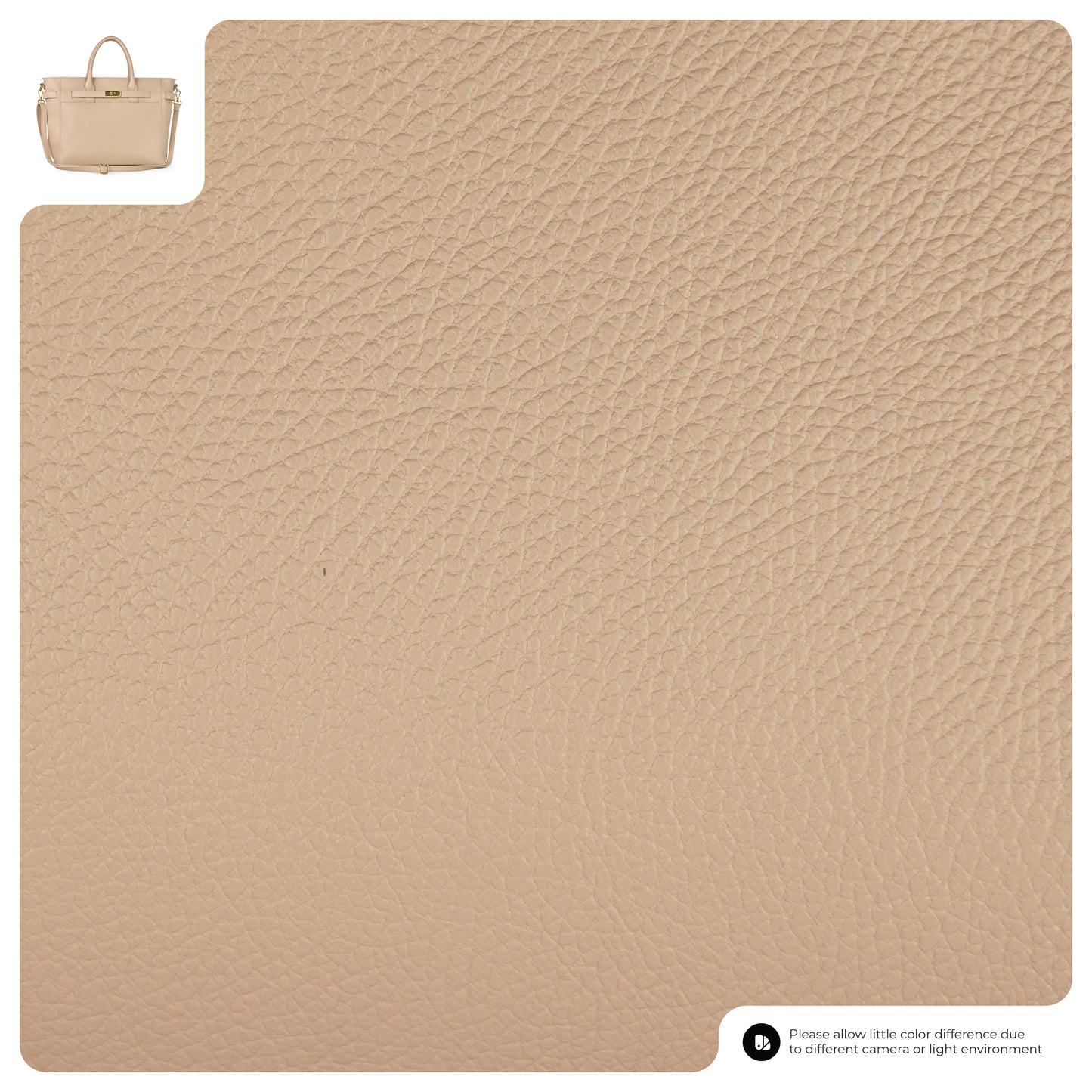 A close-up of textured beige pebbled calf leather with a small beige handbag in the top left corner, illustrating the everyday luxury material used for the bag. There is a note about possible color differences at the bottom right.
