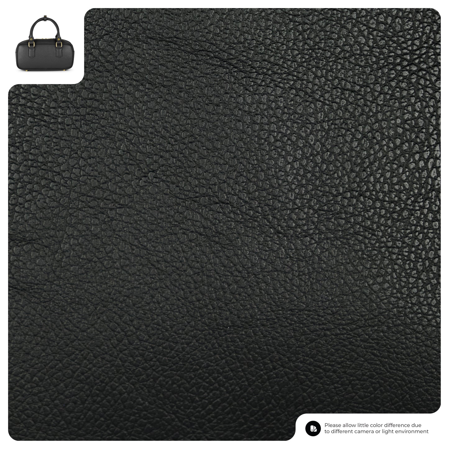 Close-up of black pebbled leather bag material. In the top left corner, a small image of a minimalist handbag appears. A disclaimer in the bottom right notes that color may vary due to camera or lighting differences.