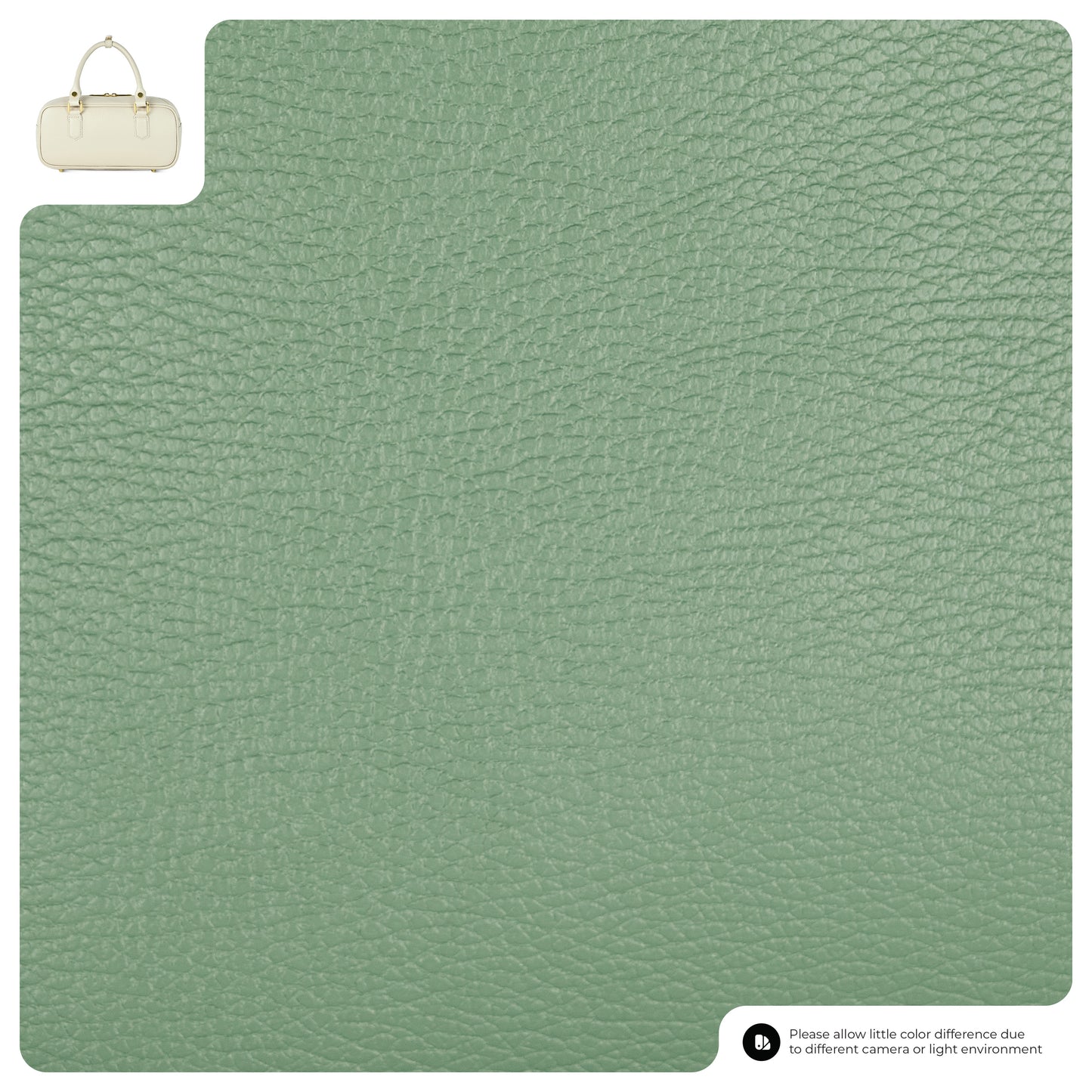 A textured sage green pebbled leather bag swatch fills most of the image. In the top left corner, a small beige minimalist handbag appears, with a note at the bottom right about possible color differences due to camera or lighting.