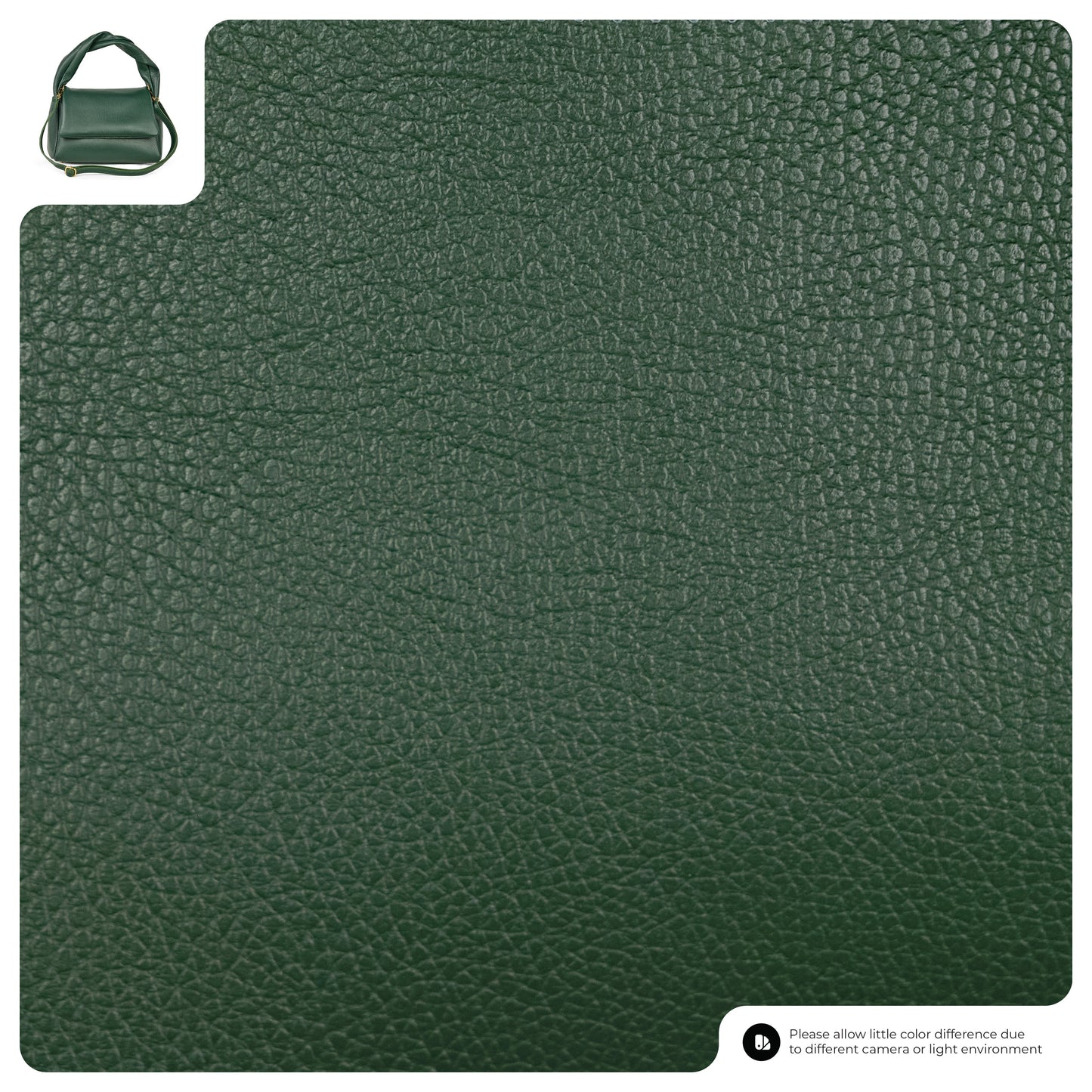 Dark green textured leather with a small inset image of a handbag in the corner.