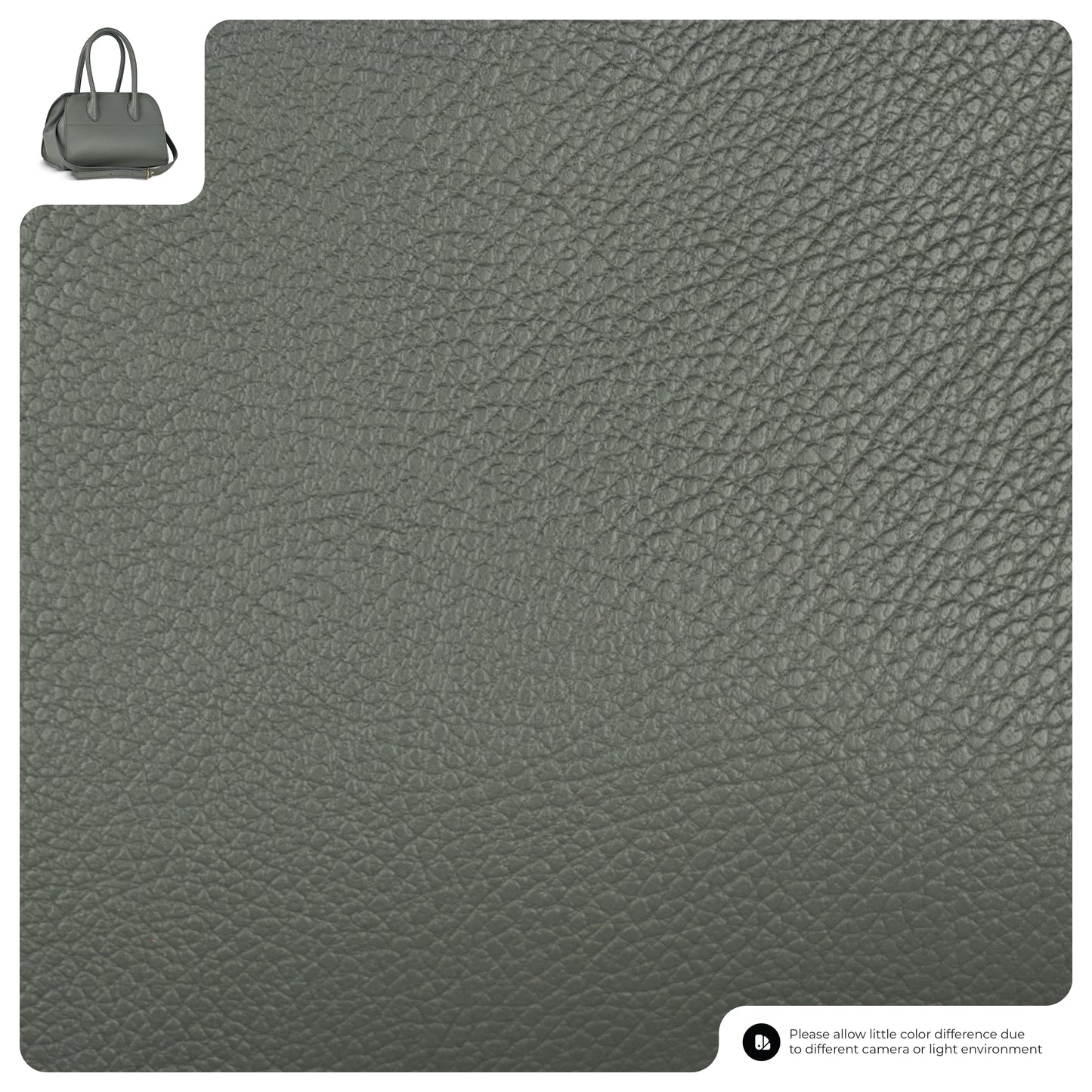 Close-up of grey textured Italian leather handbag material, with a small image of a women’s handbag in the top left corner and a note about possible color differences due to lighting in the bottom right corner.