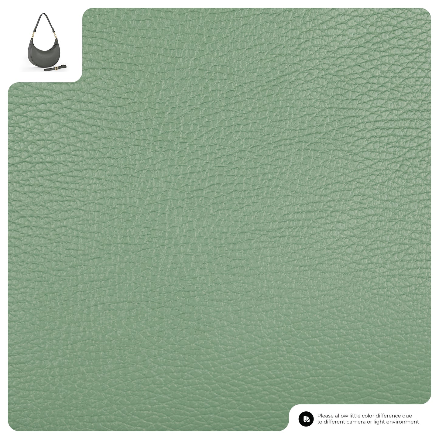 A close-up of textured, sage green leather material. In the top left corner, there’s a small image of a gray crescent-shaped handbag. A note at the bottom mentions possible color differences due to camera or lighting.