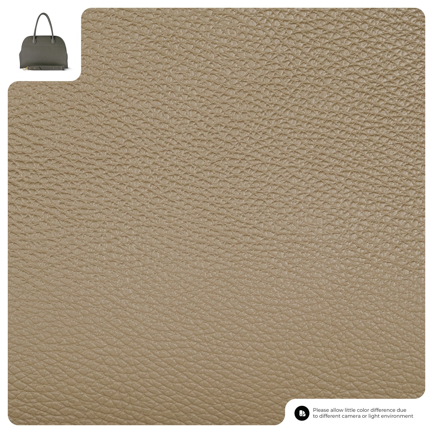 Close-up of textured taupe Italian leather bag with a small inset image of a vintage satchel in the top left corner and a note about possible color differences in the bottom right corner.