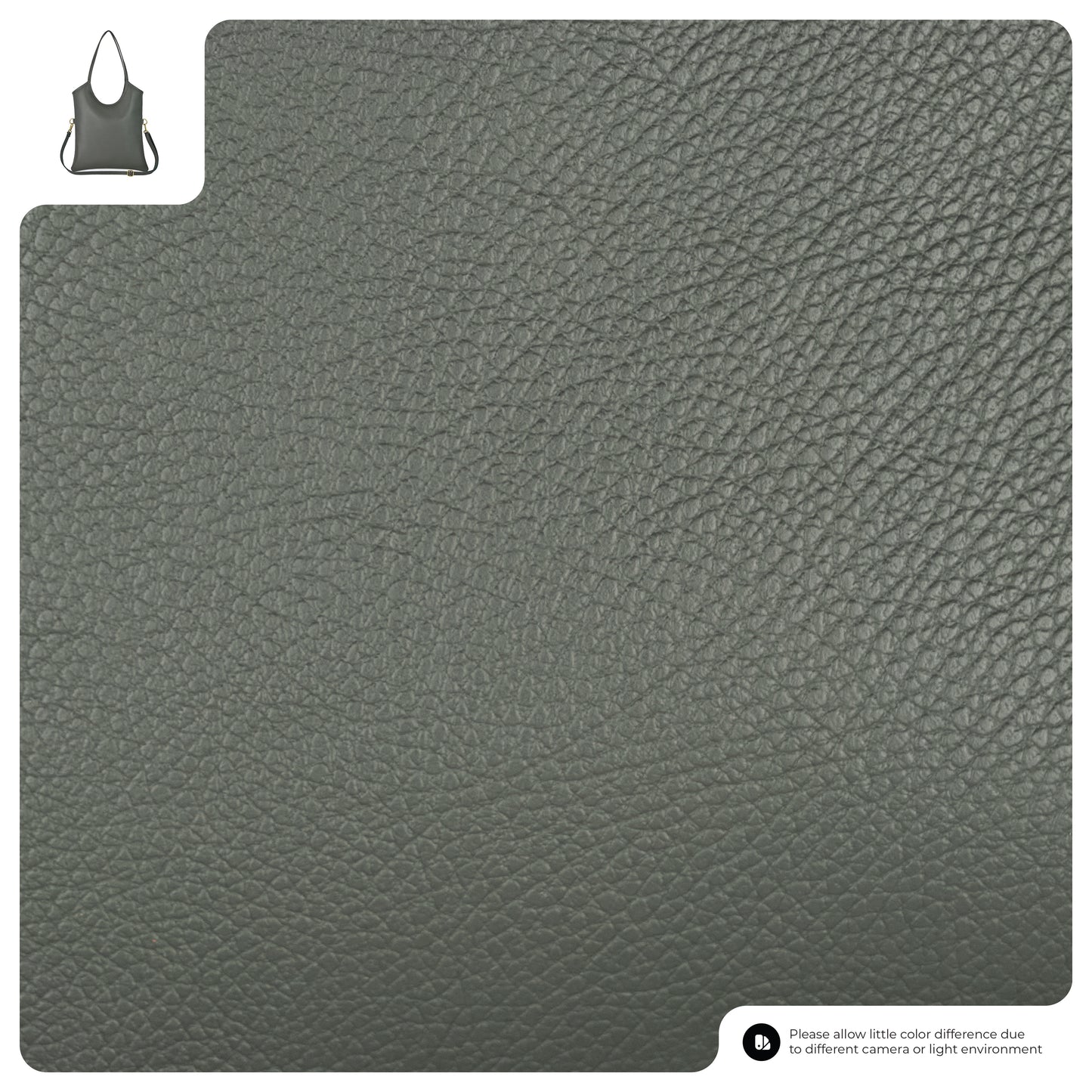 Close-up of textured gray Italian leather bag material. A small everyday shoulder bag appears in the top left as a finished example. Text and icons below note that colors may vary due to lighting or camera differences.