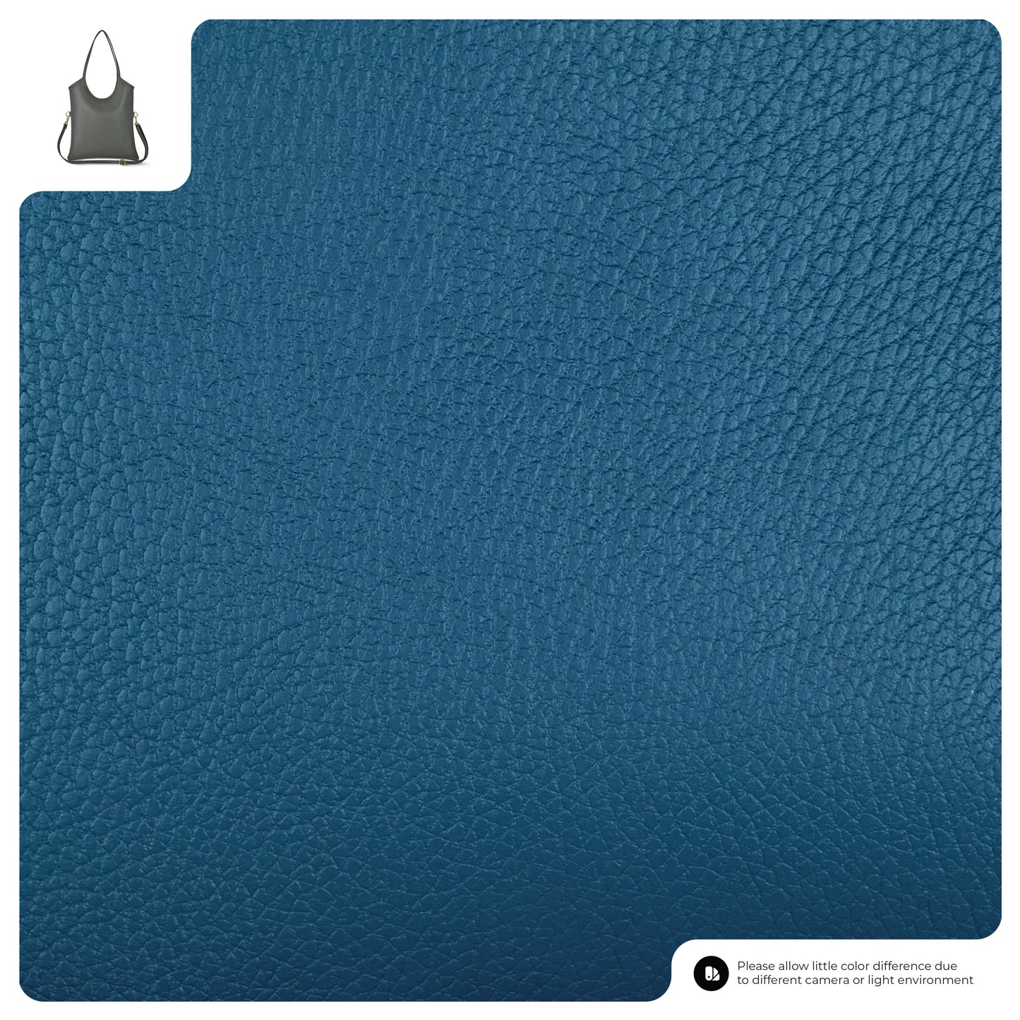 A textured blue leather swatch with a small gray Italian leather bag in the top left corner, set against a white background. There is a note about possible color differences at the bottom right.