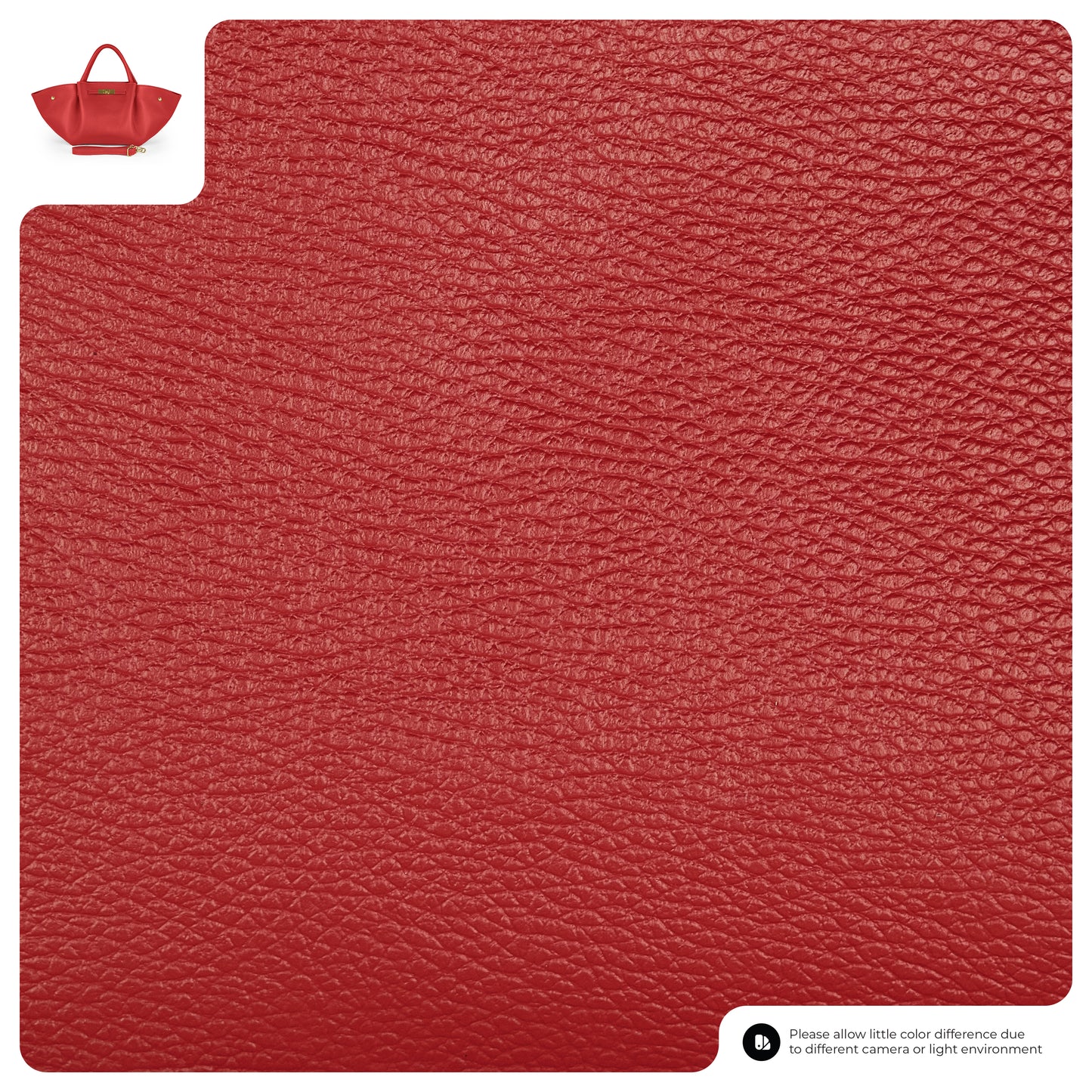 Close-up of red textured leather swatch with a small image of a handcrafted women's bag in the top left corner and a note in the bottom right about possible color differences due to lighting or camera.