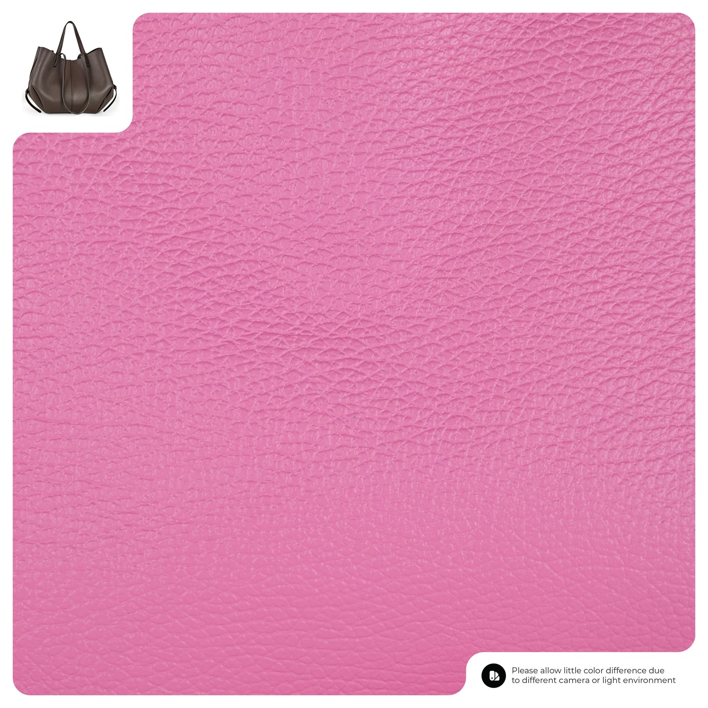 A swatch of textured pink leather fills most of the image, with a small inset in the top left corner showing a handcrafted handbag. A note at the bottom mentions color differences due to lighting or camera.
