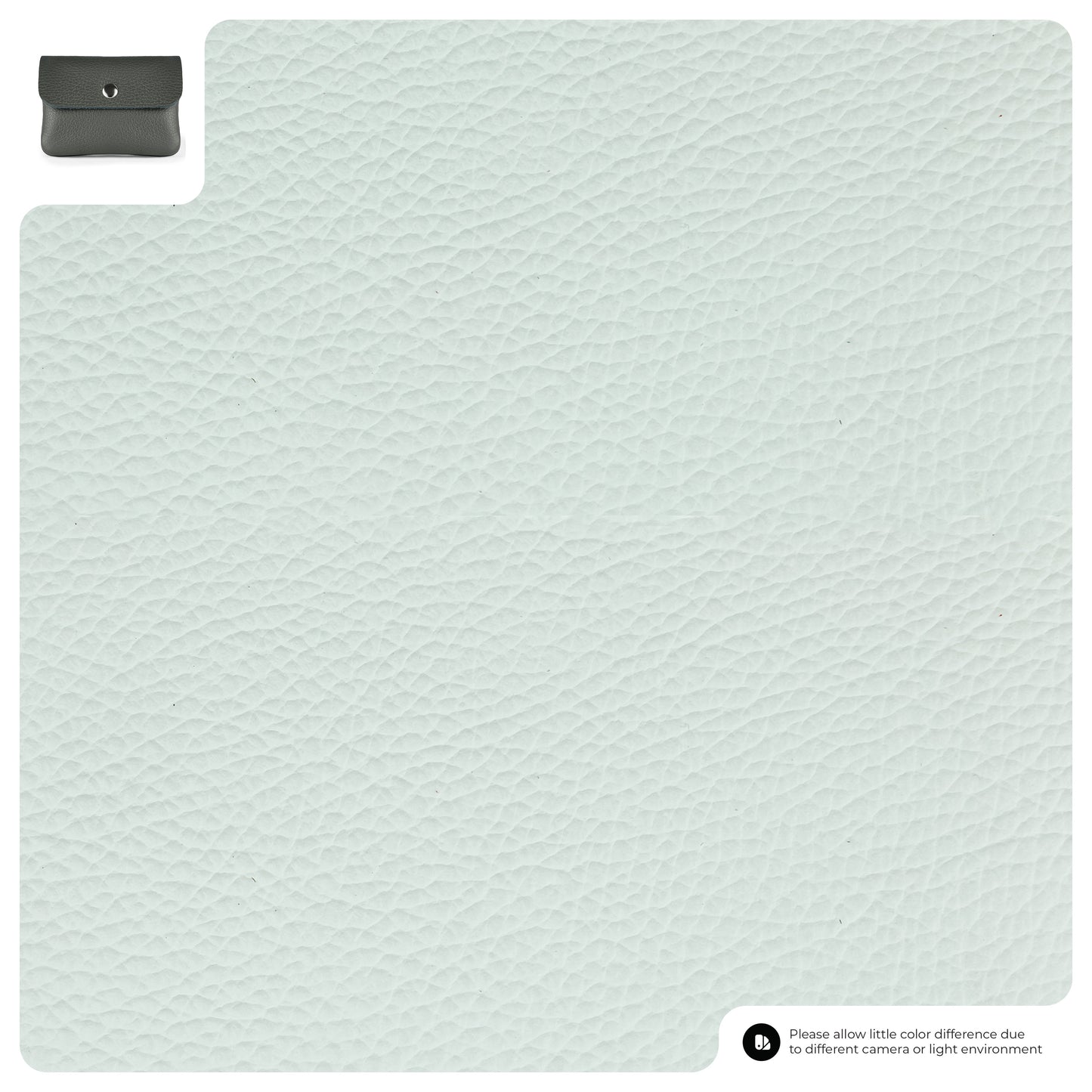 Light gray textured Italian leather wallet swatch with a small coin purse image in the top left corner and a note about possible color differences due to camera or lighting in the bottom right corner.