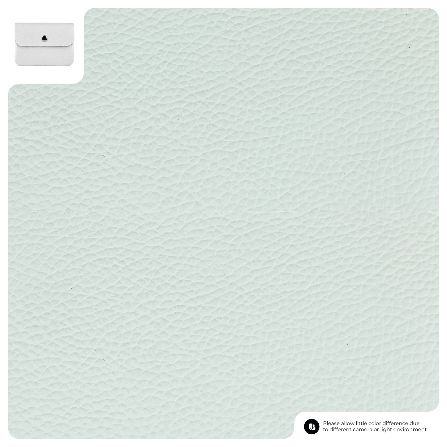 A close-up of textured pale grey leather with a small genuine calf leather wallet displayed in the top left corner and a note about color differences in the bottom right.