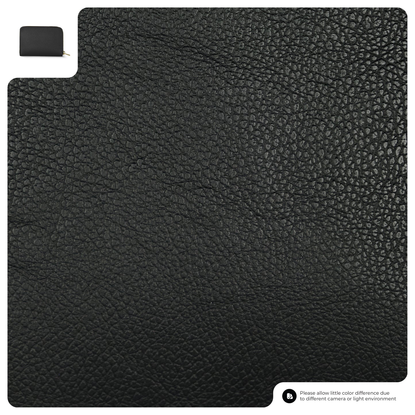 Close-up of a textured black leather surface from a slim profile wallet, with a small inset showing a zippered pouch. A note at the bottom mentions possible color differences due to camera or lighting conditions.