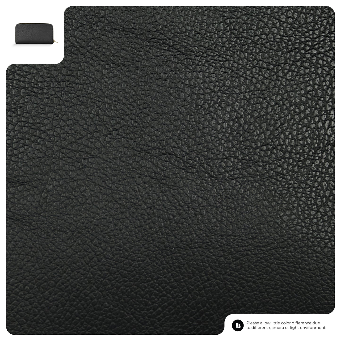 Close-up view of a pebbled grain black leather surface with a small inset image showing a women's wallet in the top left corner; a note at the bottom mentions possible color differences.