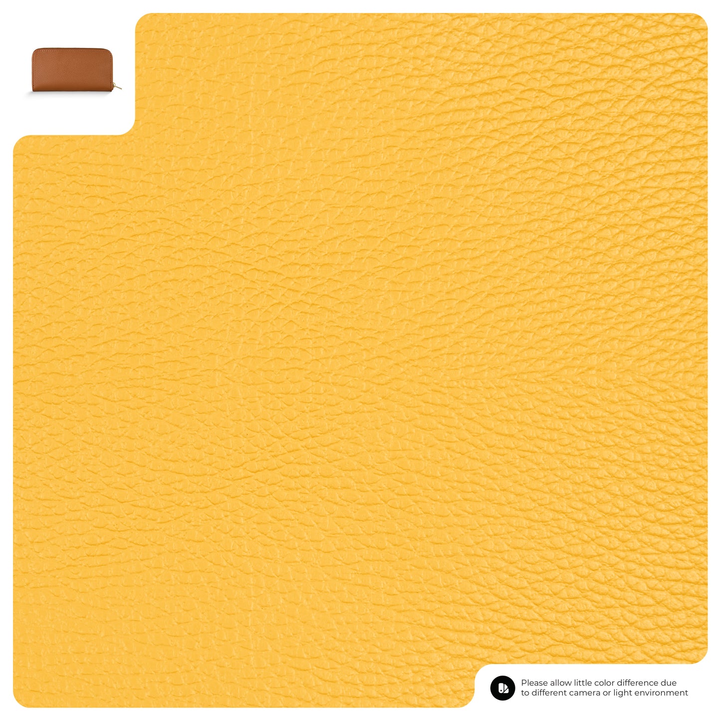 A large sample of yellow textured leather with a small inset image of a brown pebbled grain wallet in the top left corner; a note at the bottom right mentions possible color differences due to lighting or camera.