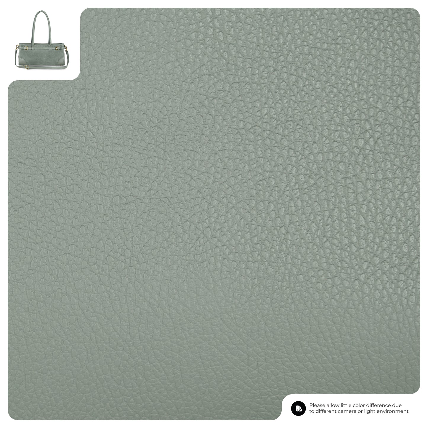 A close-up view of textured grey-green leather with a small image of an Italian leather handbag in the top left corner, showing the material used for the bag. A note at the bottom right mentions possible color differences.