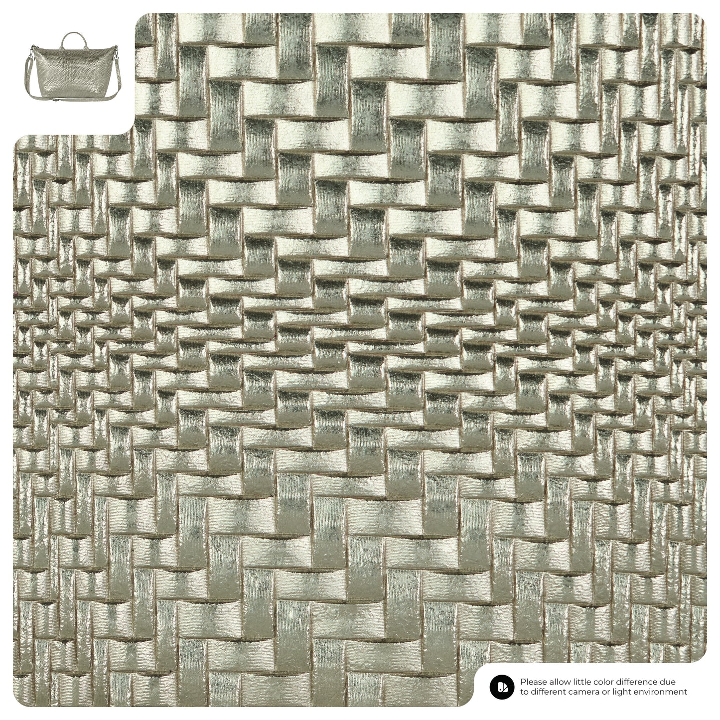 Close-up of a metallic silver woven texture with a small top-handle crossbody bag in the upper left corner, highlighting the material used for the bag. Text at the bottom notes possible color differences due to lighting or camera.