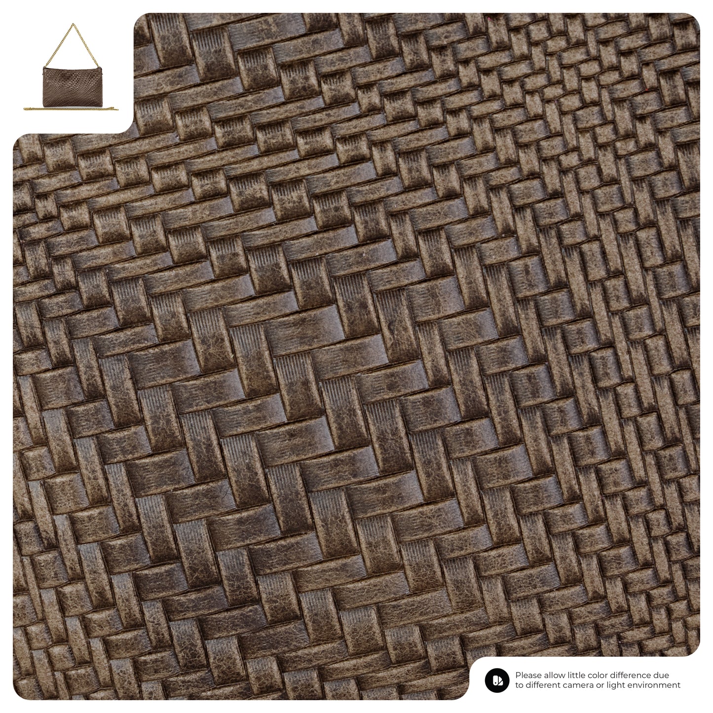 Close-up of a textured, brown, woven-pattern wall covering reminiscent of a woven suede bag. In the top left, an inset shows the full hanging piece; note at the bottom mentions color variations due to lighting and cameras.