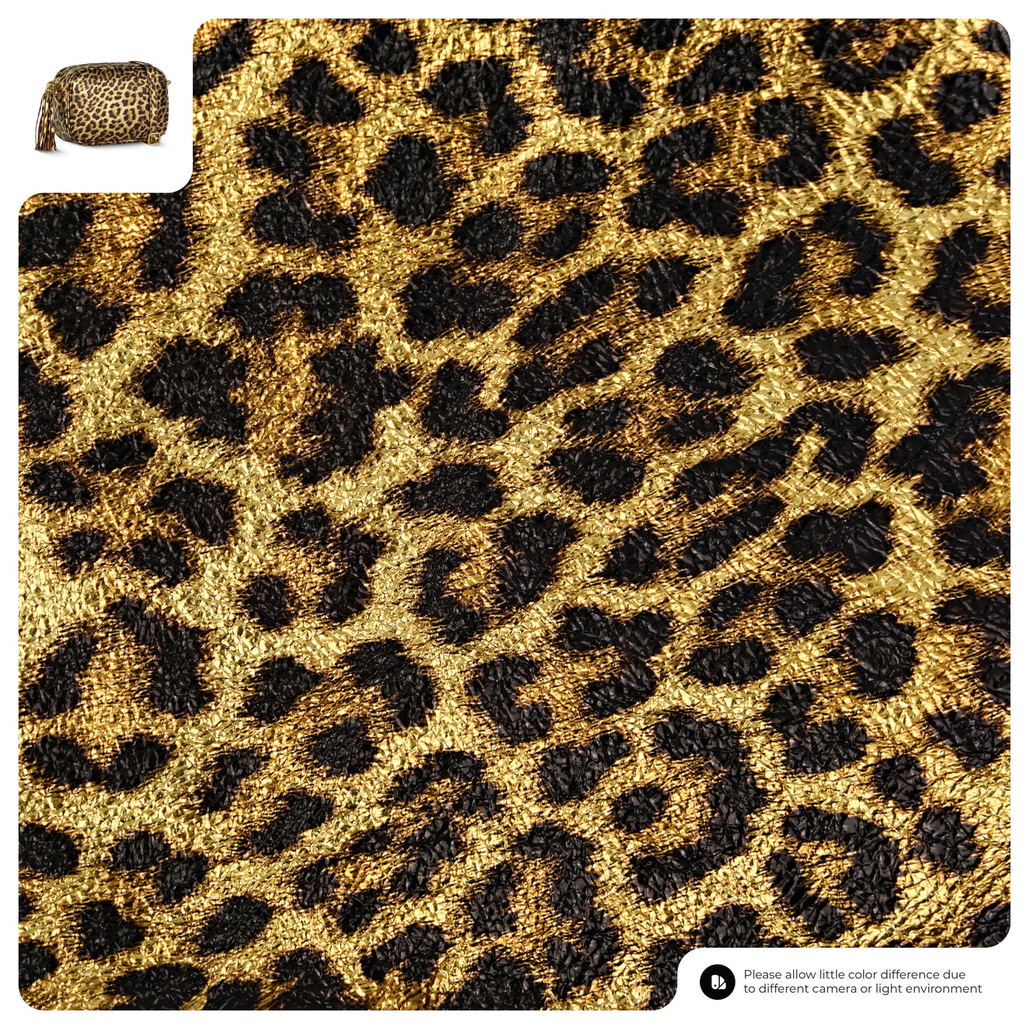 Gold and black leopard print texture with a small inset image of a matching bag.