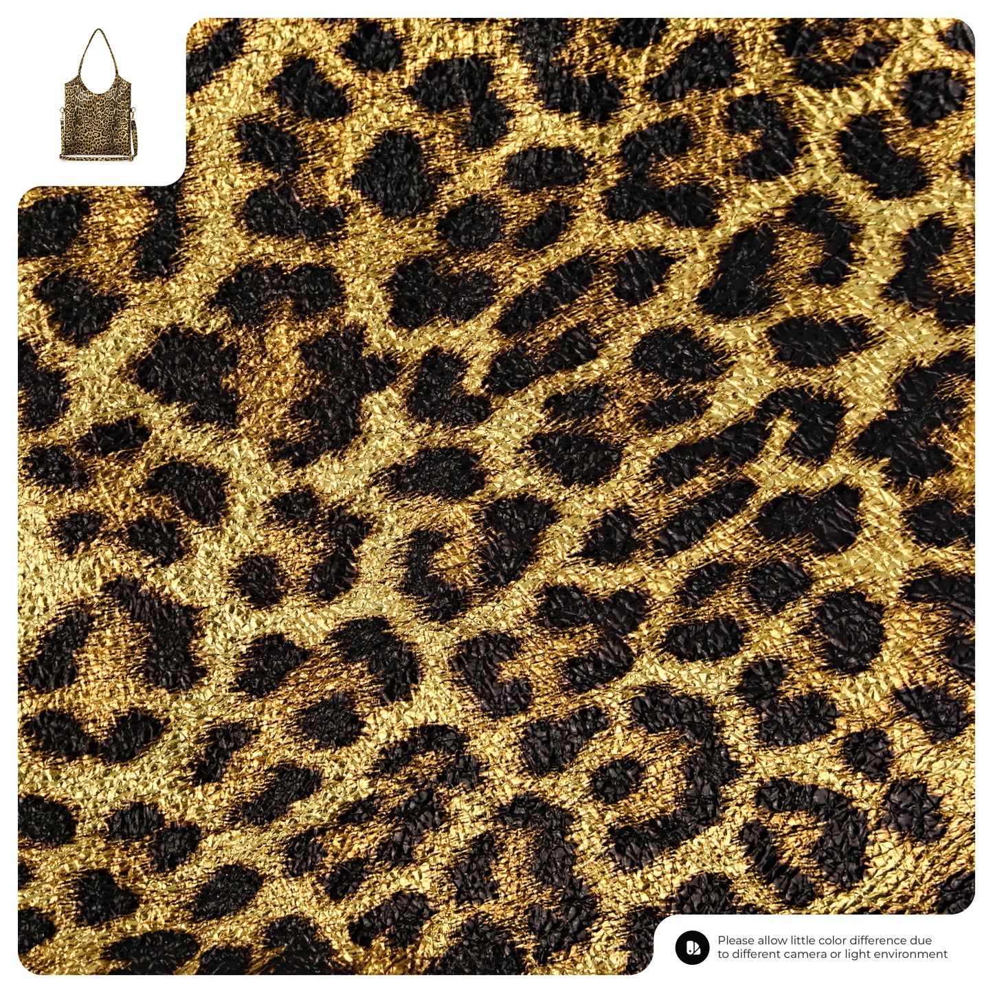Close-up of a fabric with a leopard print pattern in gold, brown, and black tones. A small image of an Italian handbag with matching leopard embossing is shown in the top left corner.