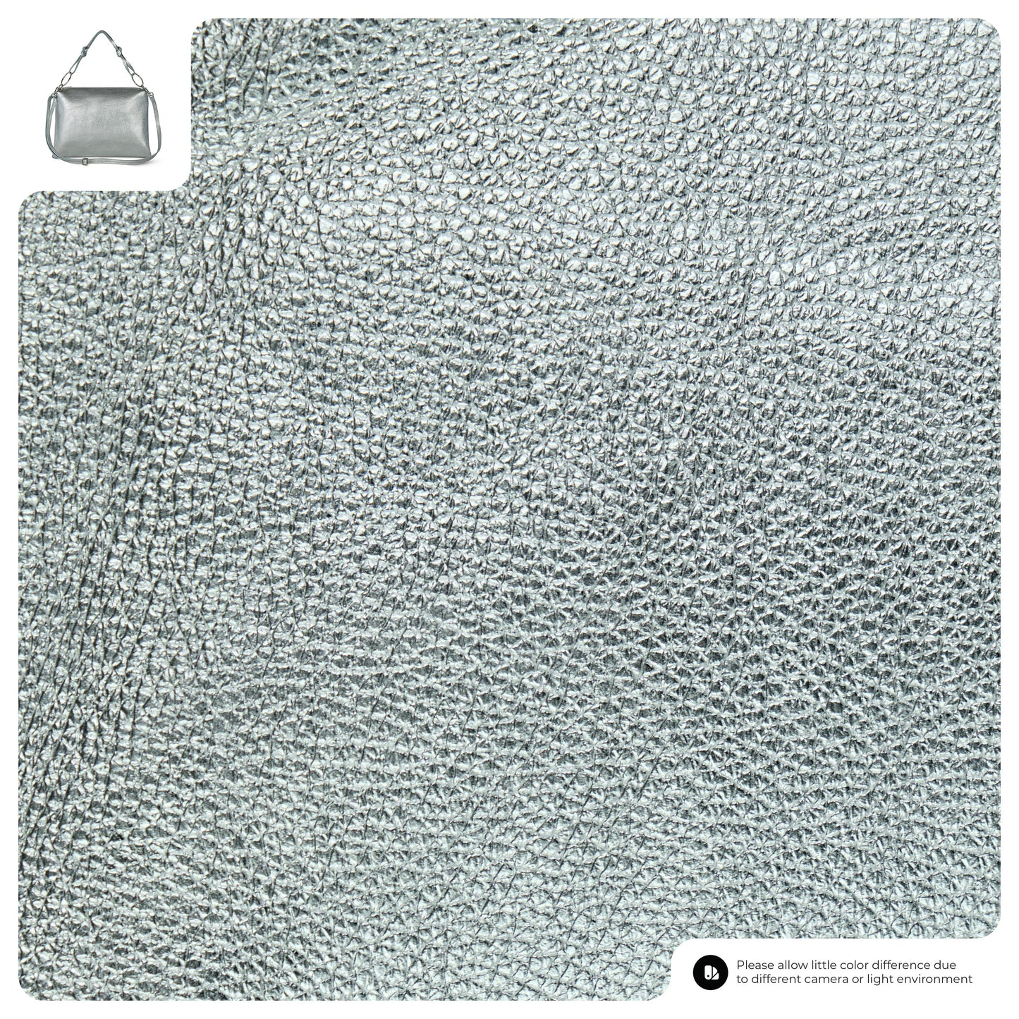 Close-up of textured silver metallic material with a small inset image of a luxury handbag in the top left corner. Text at the bottom notes possible color differences due to lighting or camera.