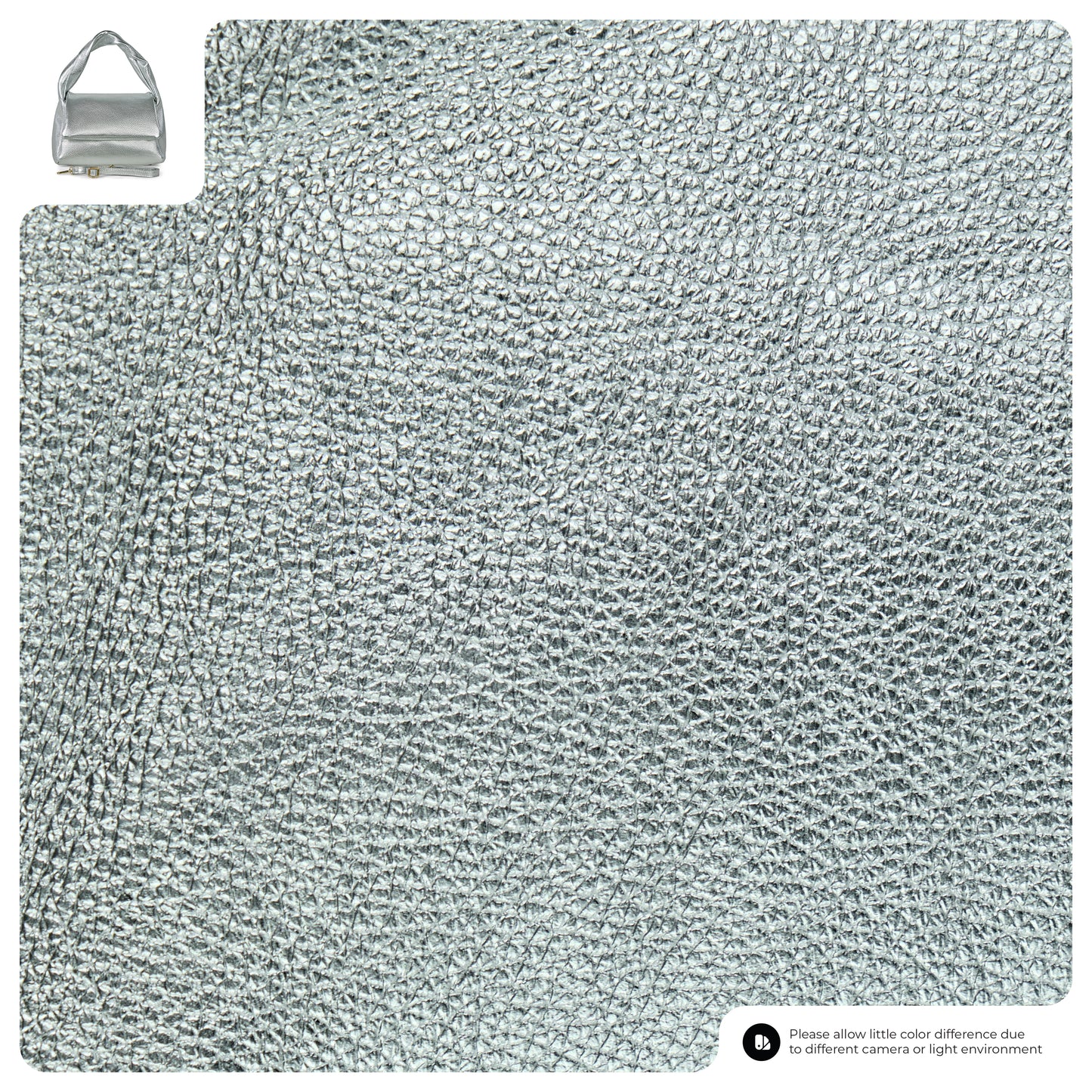 Close-up of a textured, shiny silver handcrafted calf leather with a small image of a versatile crossbody bag in the top left corner. A note in the bottom right mentions possible color differences due to camera or lighting.