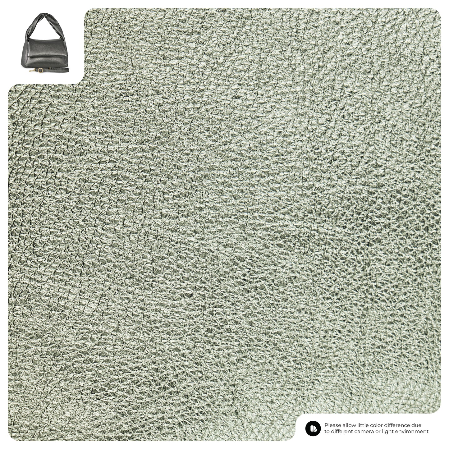 Close-up view of metallic silver textured handcrafted calf leather. A small image of an Italian leather bag appears in the top left corner for reference. Note at the bottom advises possible color differences.