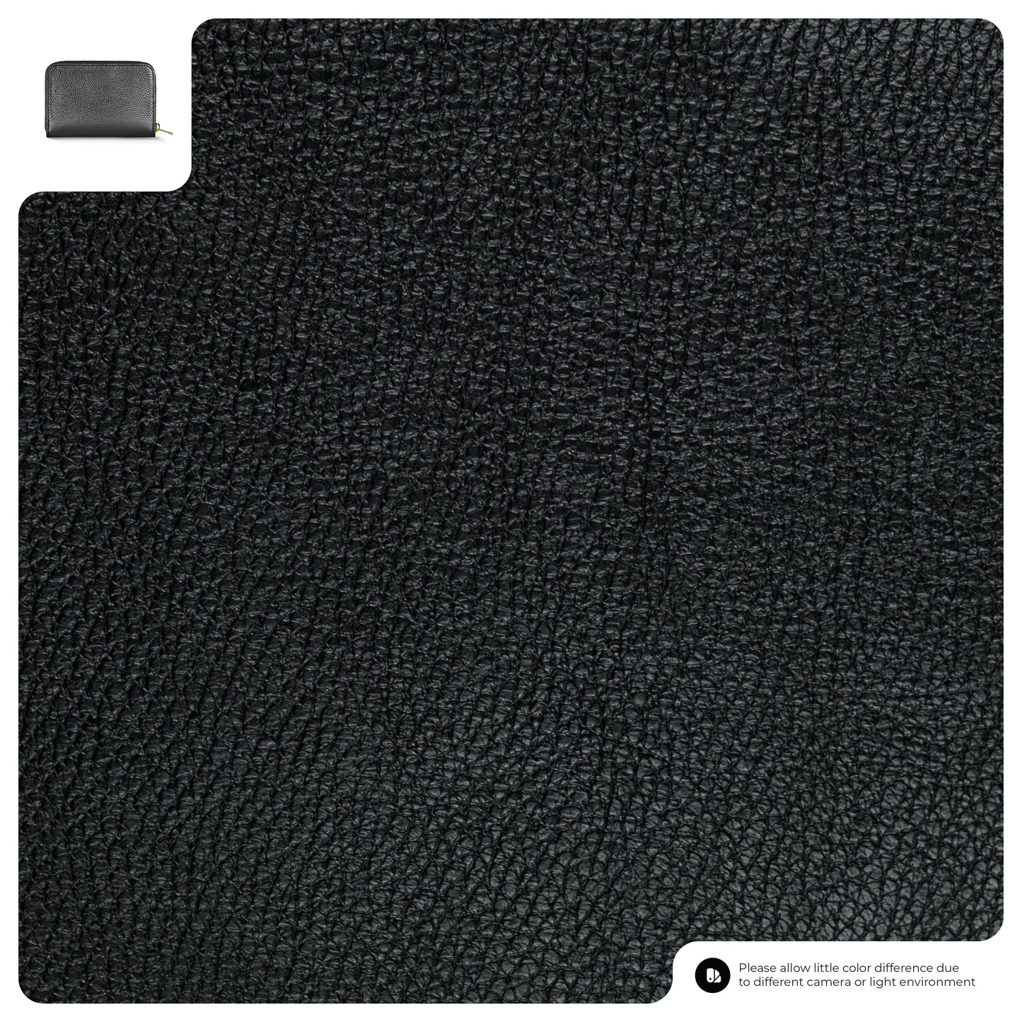 Close-up view of textured black Italian leather wallet material, with a small image of a compact women's wallet in the top left corner and a note about potential color differences at the bottom right.