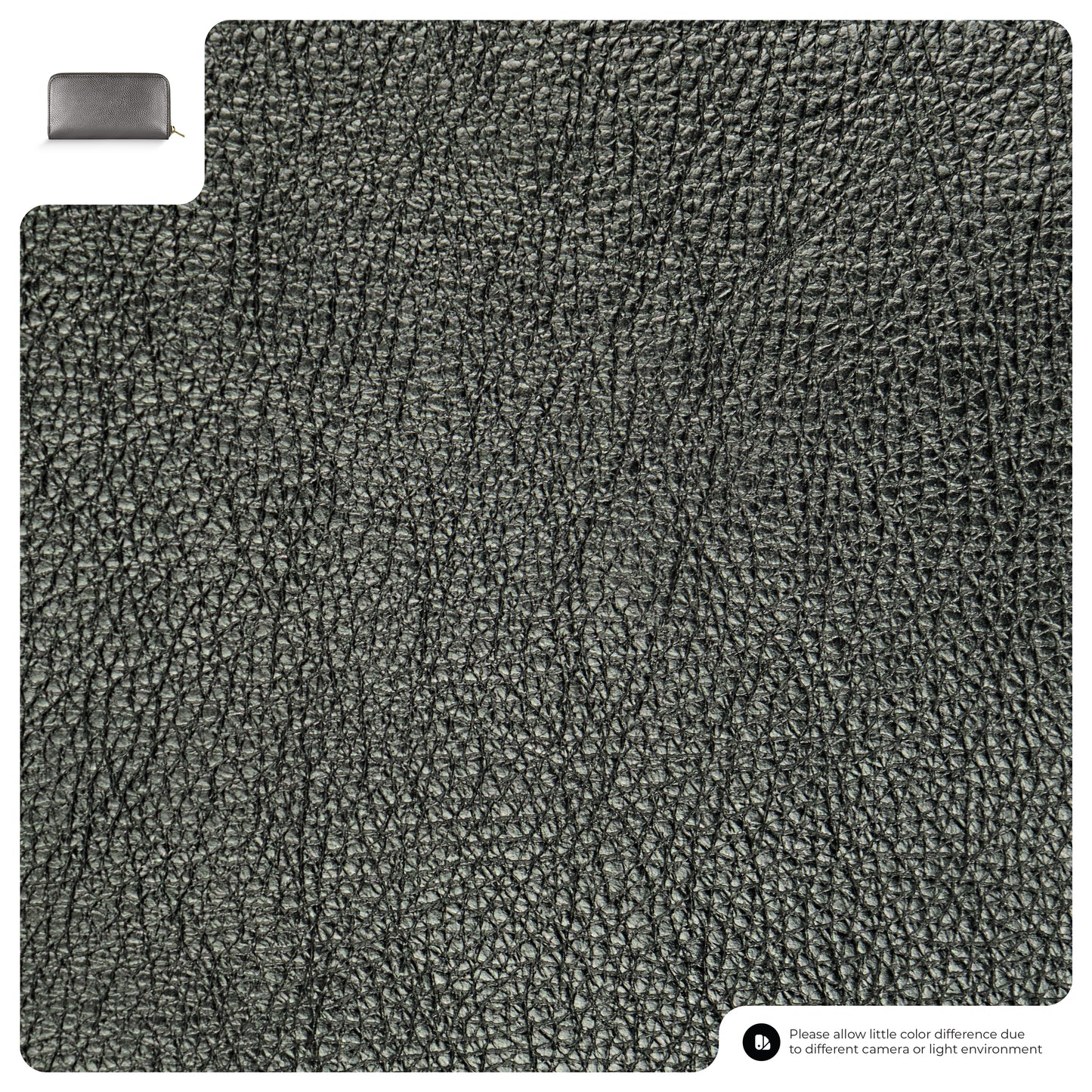 Close-up view of a textured, dark gray Italian leather wallet surface with a small rectangular swatch in the top left corner and a note about possible color differences in the bottom right corner.