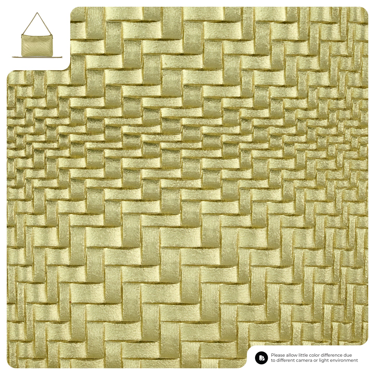 A close-up view of a textured, woven beige mat with a basket-weave pattern evokes classic Florentine leathercraft; an inset in the top left shows the mat hanging by a string, while a small label in the bottom right displays product information.
