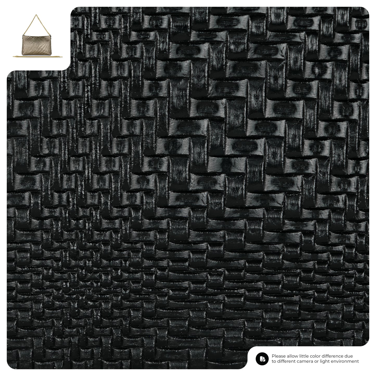 Close-up of a textured Grid Metallic Black woven pattern. Inset top left features an Italian handcrafted small crossbody bag with gold chain strap. Bottom note states that colors may vary slightly.