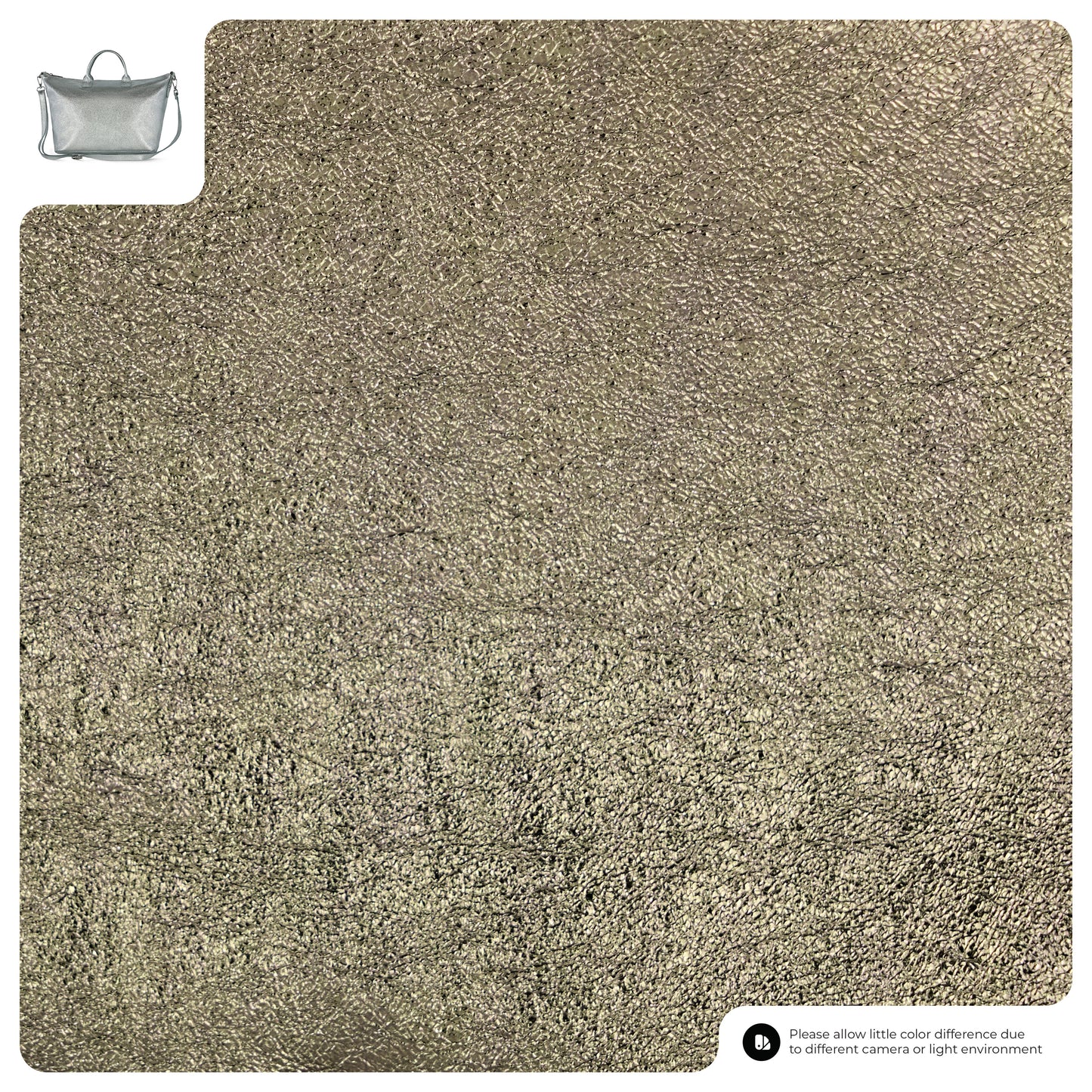 A close-up of textured gold metallic fabric fills most of the image, with a small Italian handbag shown in the top left corner for reference. A note at the bottom mentions possible color variation due to lighting or camera.