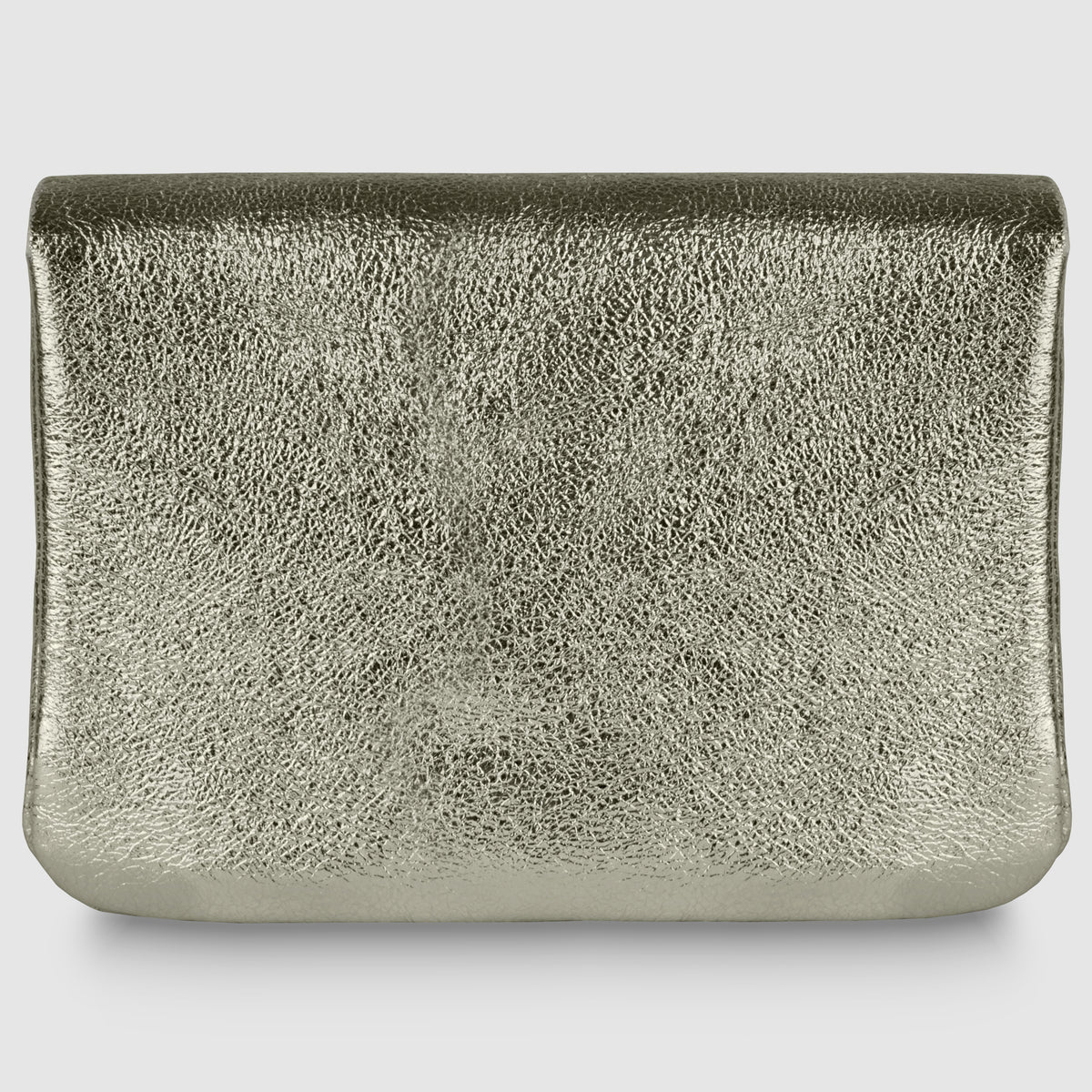 A metallic silver clutch bag crafted from Gleam Suede Leather with a textured, slightly crinkled surface and rectangular shape, embodying quiet luxury against a plain white background.