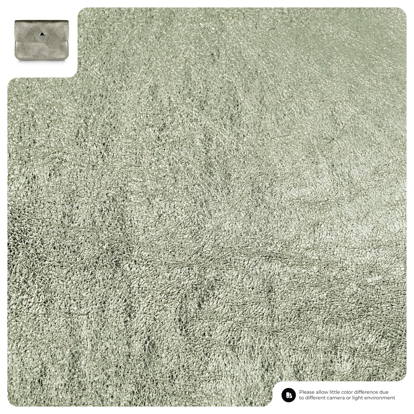 A close-up of a soft, light gray shaggy rug with a textured surface, evoking quiet luxury. An inset in the top left shows the full folded rug. A note at the bottom mentions possible color differences due to lighting or camera settings.