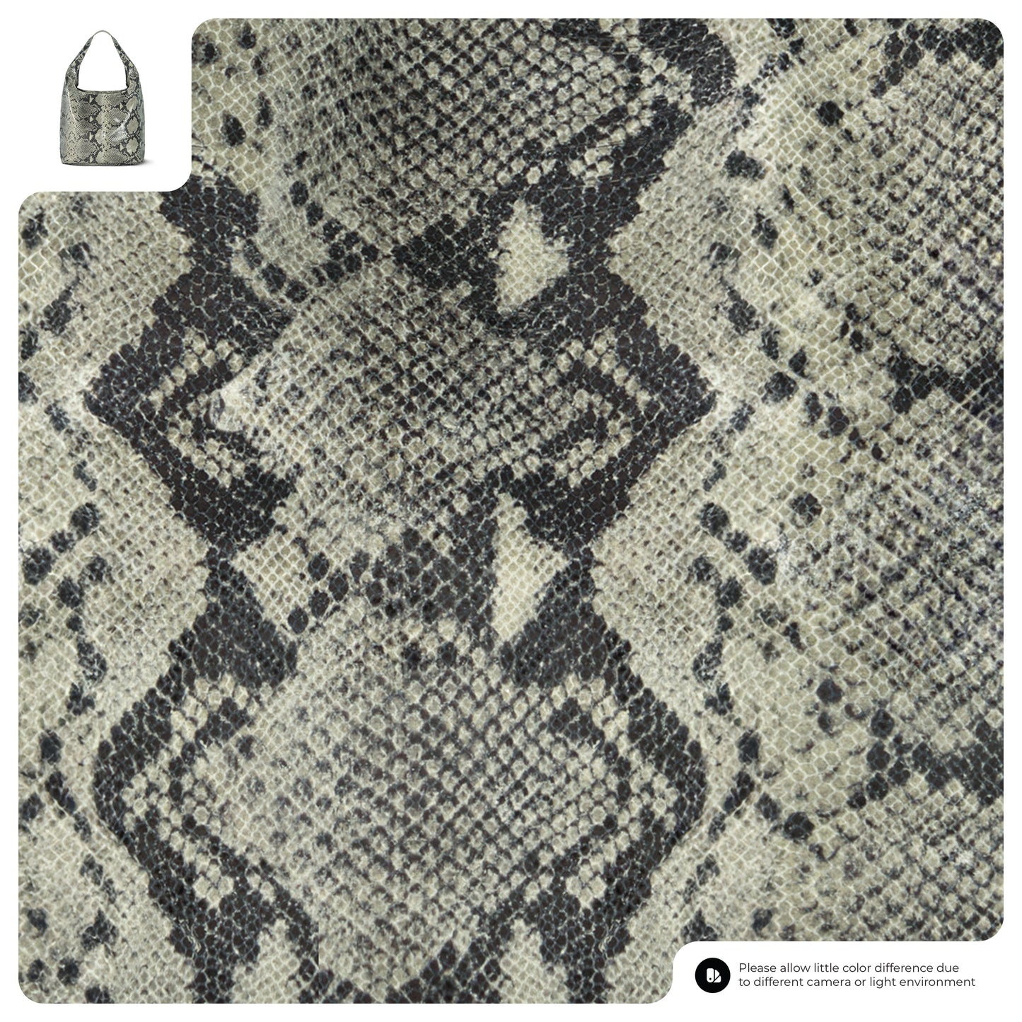Close-up of a gray and black embossed snake skin purse pattern on textured material, with a small inset image showing an Italian elegance handbag crafted from the same patterned material in the top left corner.