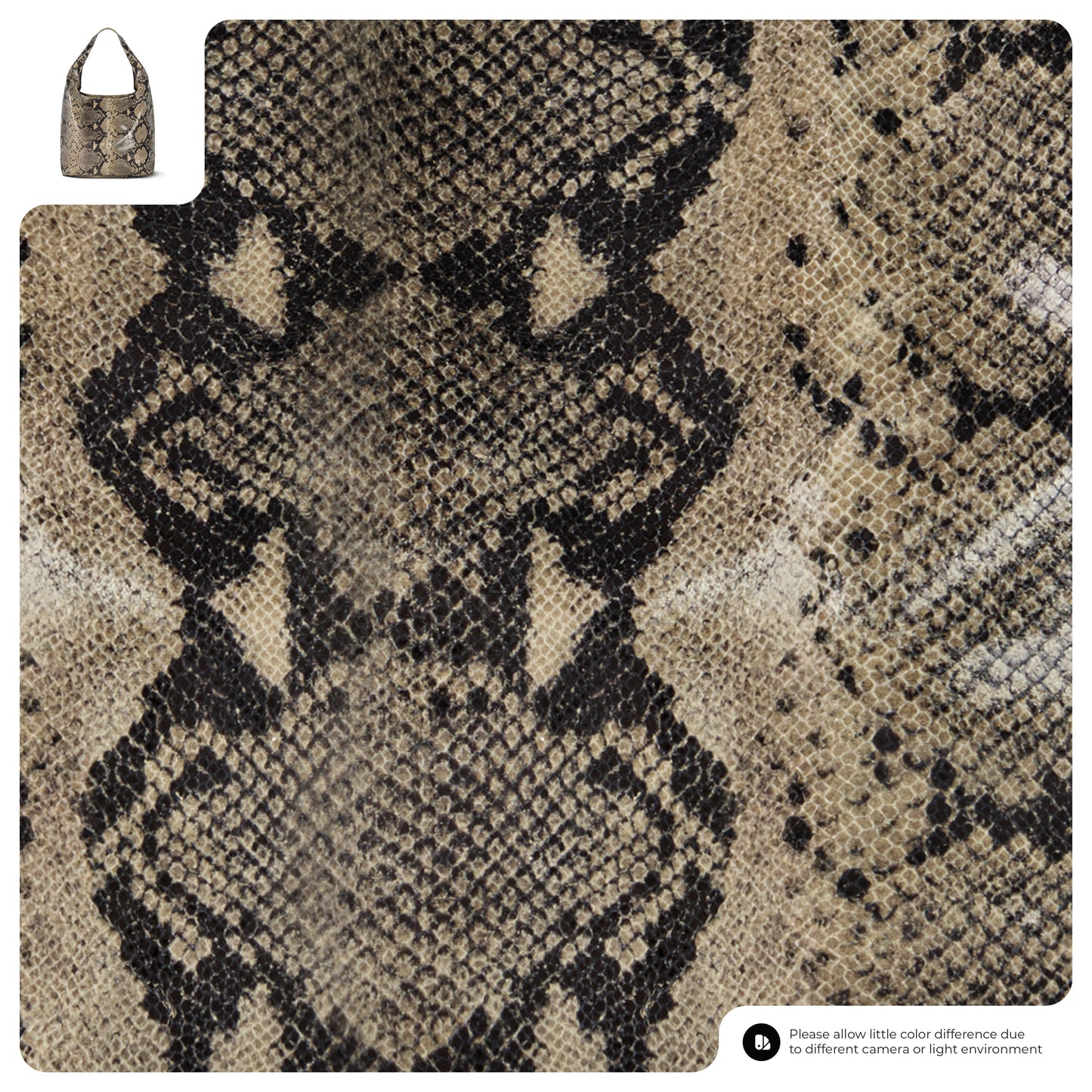 Close-up of a brown and black snakeskin pattern with a small inset of a python embossed leather bag in the top left corner. A note at the bottom mentions possible color differences.