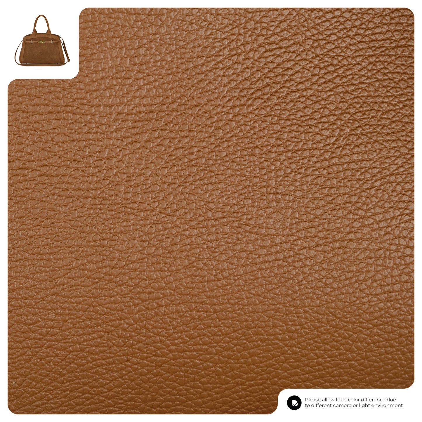 Close-up of textured brown leather material with a small image of an Italian leather handbag in the top left, showcasing its use. A note at the bottom mentions possible color differences due to lighting.