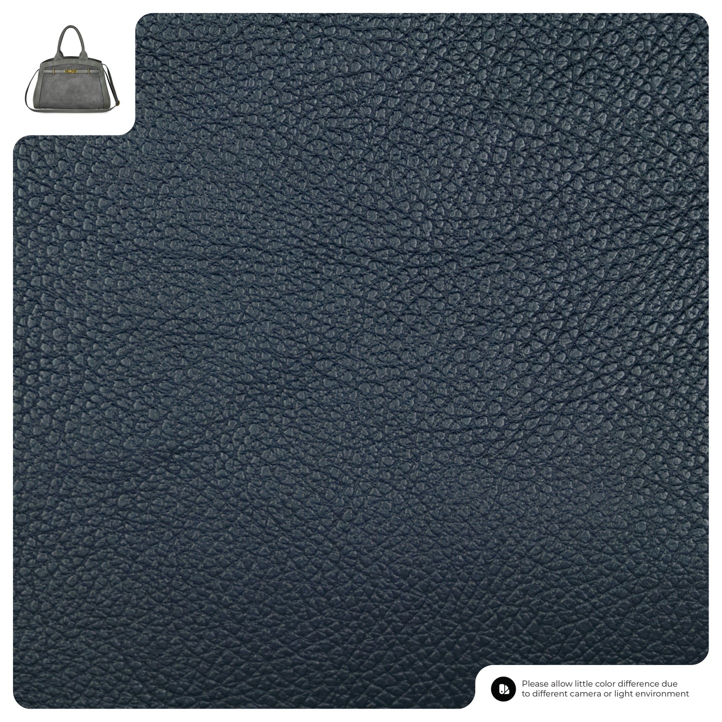 Close-up of textured black leather material with a small Italian leather handbag image in the top left corner, highlighting its luxe application. Text at the bottom right notes possible color differences due to lighting or camera.