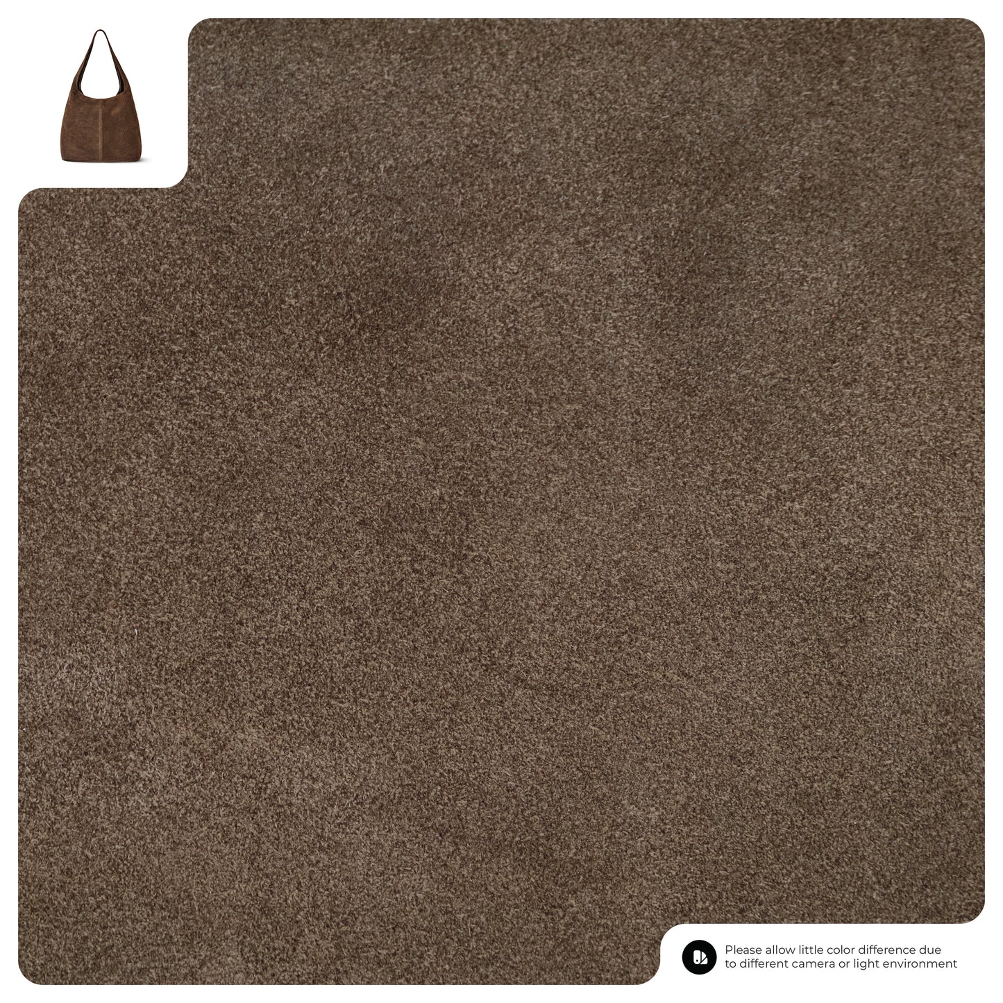 A large swatch of Tobacco Suede, a slightly textured brown fabric, is displayed with a small minimalist suede handbag photo in the top left; note in the bottom right mentions possible color differences from lighting or cameras.