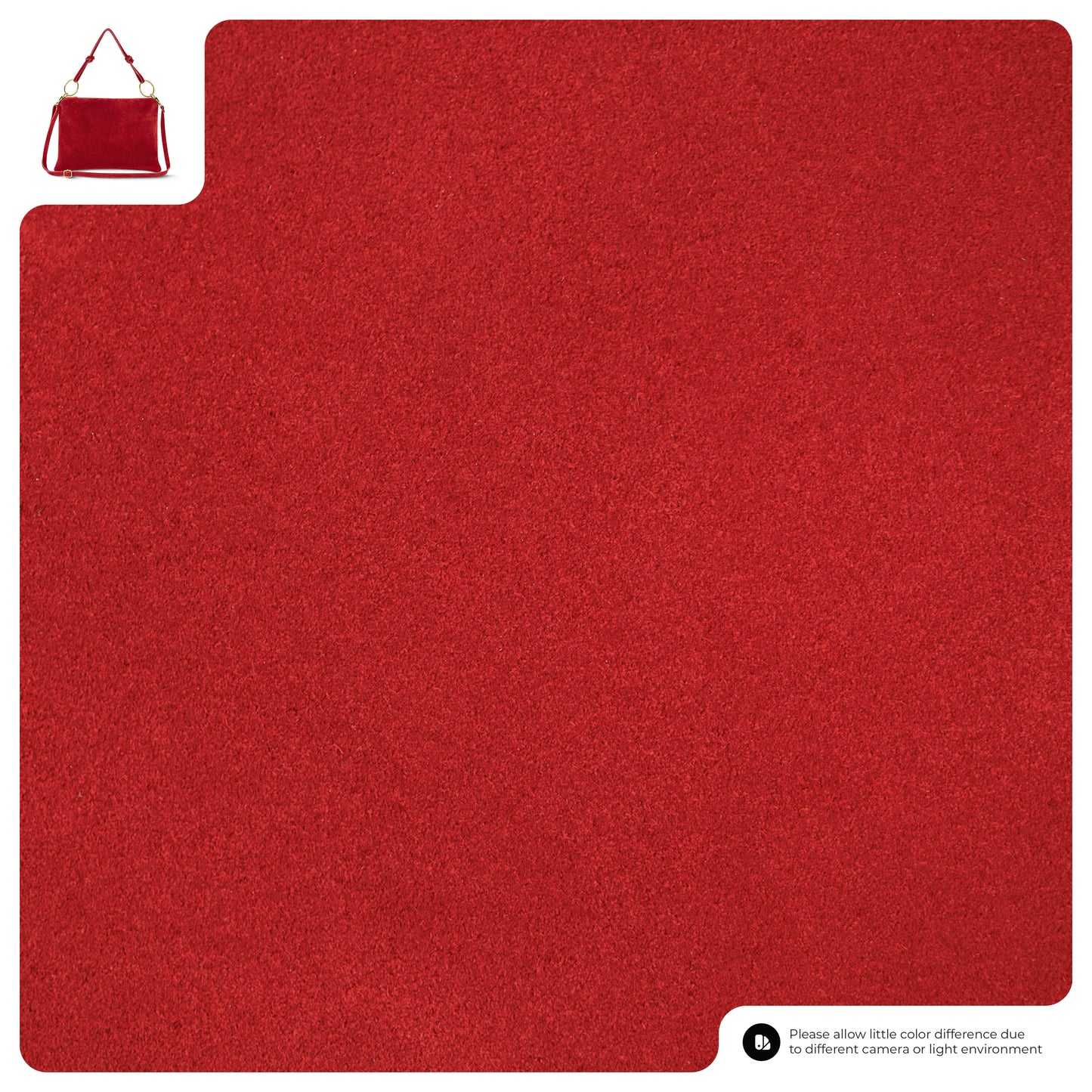 A square piece of red carpet with a fine, even texture is shown. In the top left corner, a small Italian suede purse with a gold chain and detachable strap is displayed for color comparison.