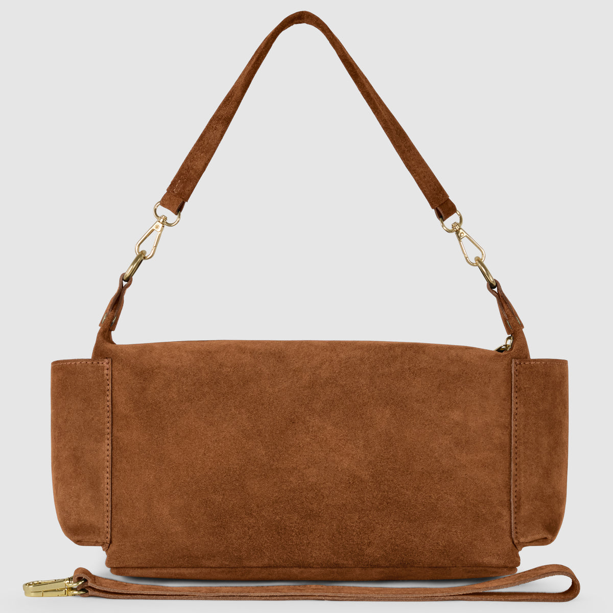A handmade Italian handbag in brown genuine suede leather, with a short shoulder strap, detachable long strap, and gold clasps, featuring a rectangular shape and displayed against a plain light background.