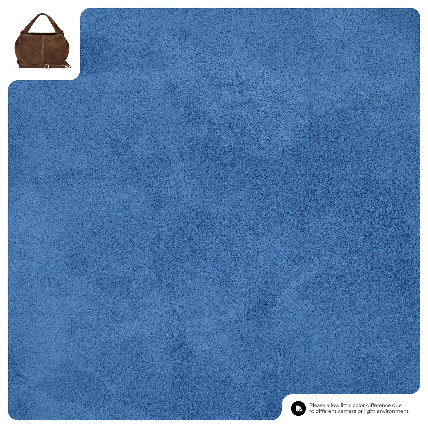 A large swatch of blue textured fabric fills most of the image; a small handcrafted suede bag appears in the top left corner for scale. Text at the bottom mentions possible color differences due to lighting.