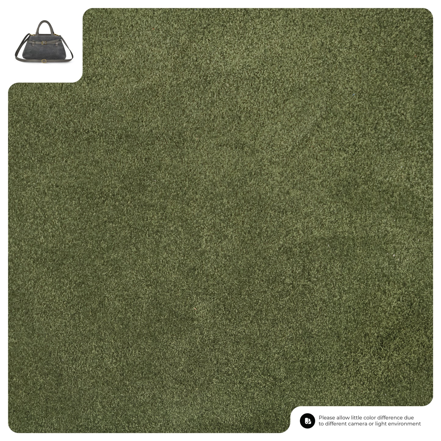 A large square of olive green textured carpet fills most of the frame. In the top left corner, a small suede handbag handcrafted in Italy is shown for size comparison. Text in the bottom right notes color variation.