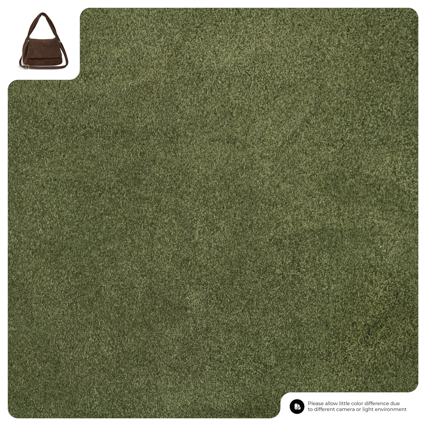 Olive green, textured rug fills most of the image; a small Italian suede crossbody bag is shown in the upper left corner. A note at the bottom right mentions that color may vary due to camera or lighting differences.