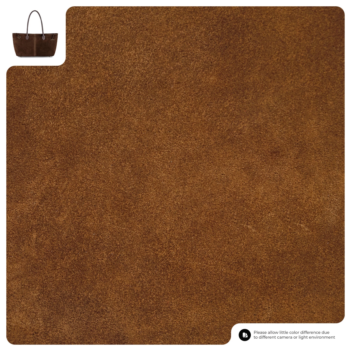 Brown suede leather texture sample displayed with a small image of an Italian-crafted tote in the top left corner, both showcased on a white background.