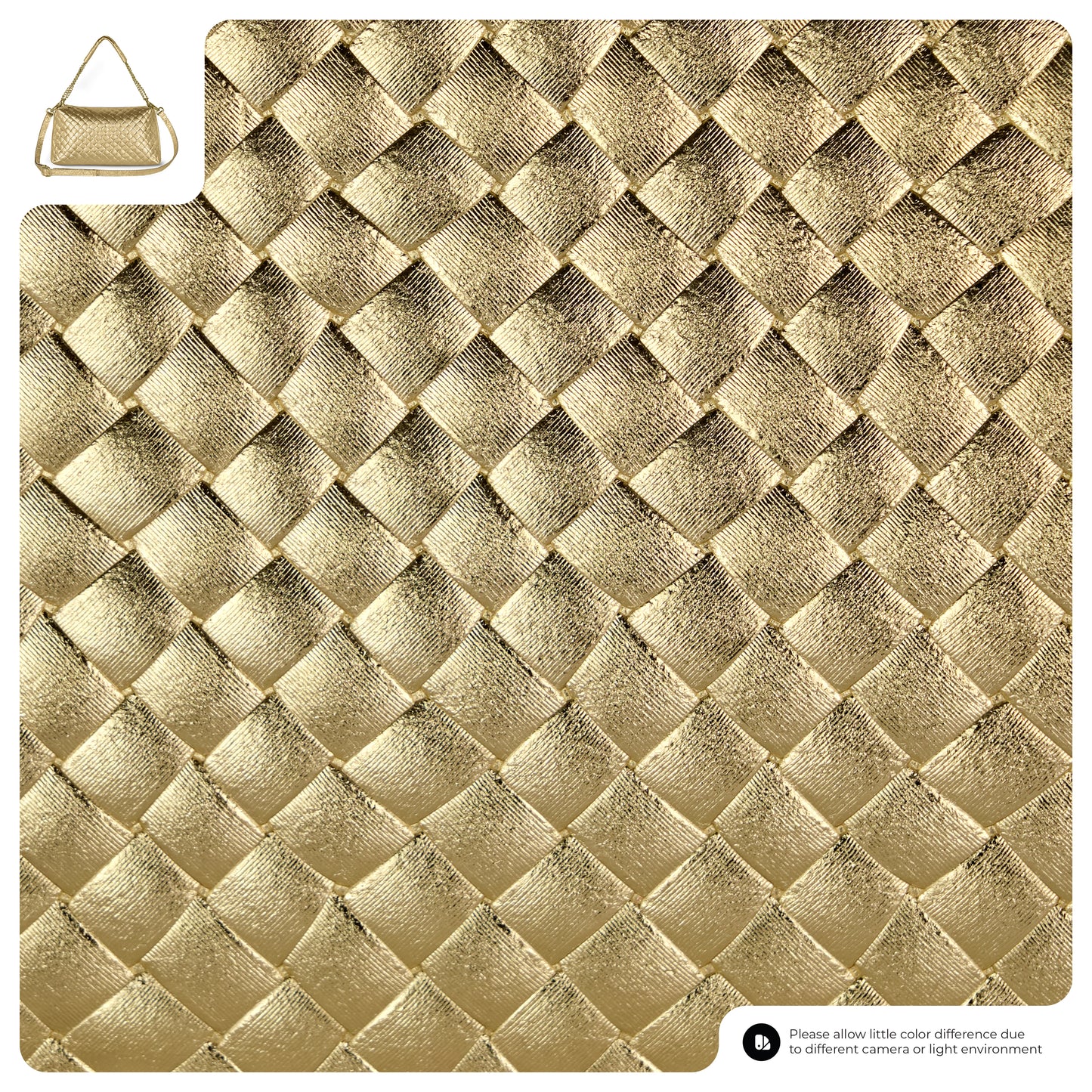 A close-up of a quilted, metallic gold textured surface, likely from a miniature handbag. An inset at the top left shows the full small handbag with a chain strap, reflecting fine Italian craftsmanship.