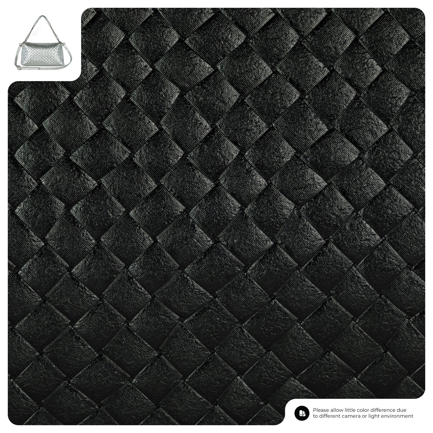 Close-up of a black, quilted, leather-textured surface with diamond patterns. In the top left corner, a miniature handbag showcasing Italian craftsmanship is shown. Rounded white borders frame the image.